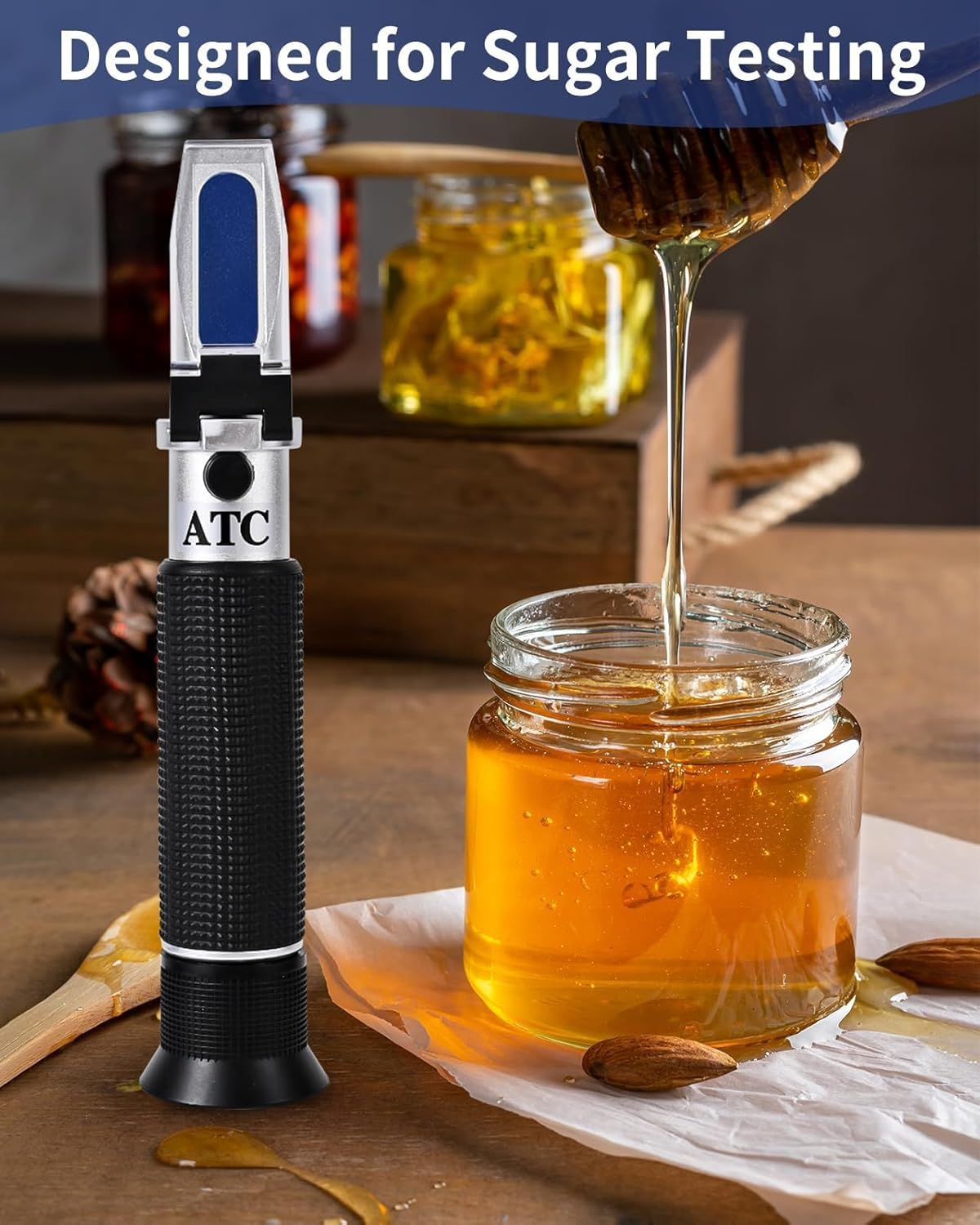 Refractometer for Sugar Content, 0-90% Range, ATC Function, Maple Syrup and Honey Testing， Bee Tools Honey Refractometer， Wort Refractometer Beer Fruit Juice Beer Sugar Test image number 3