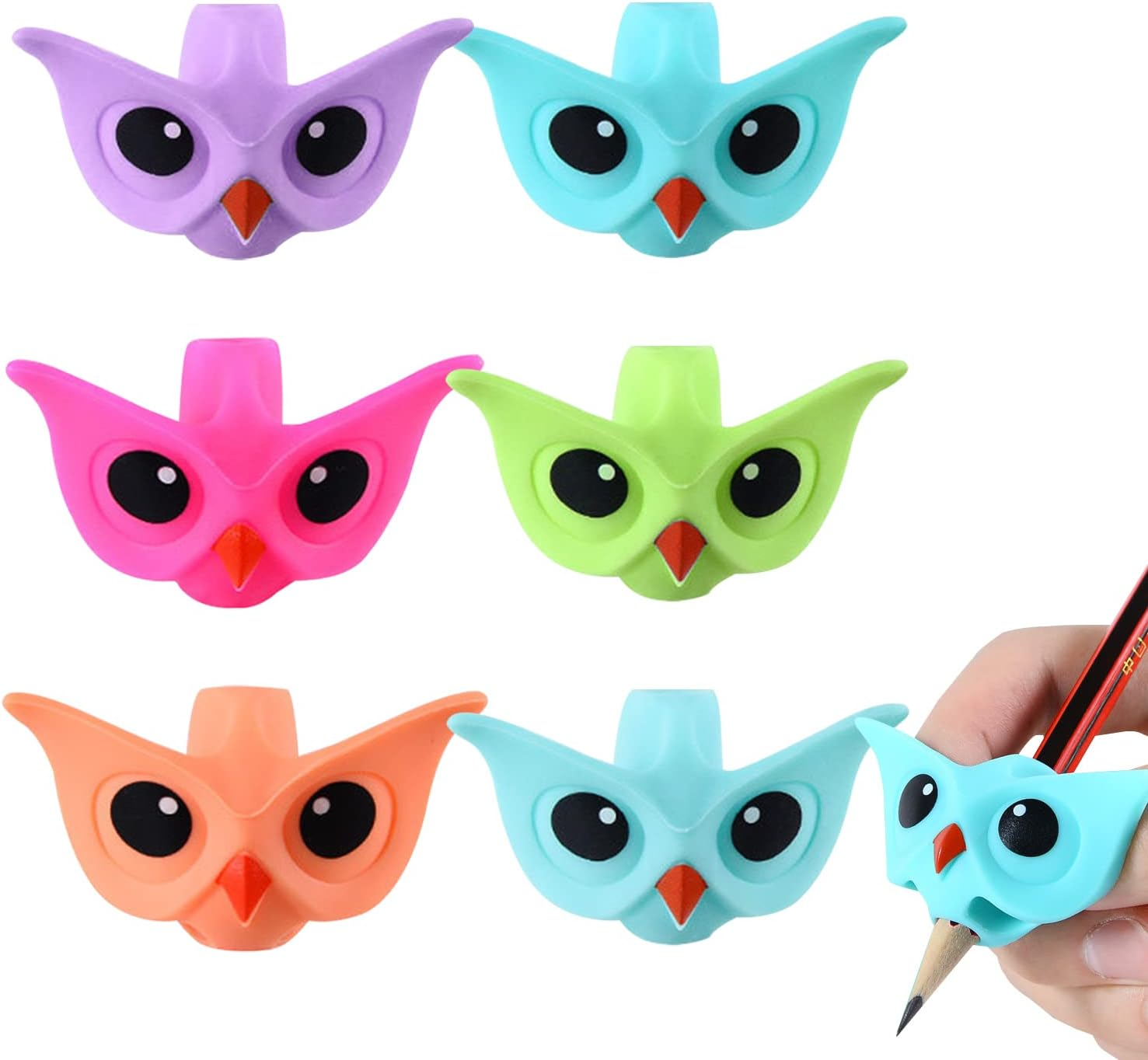 LSYYSL 6 Pencil Grips for Kids, Silicone Finger Grips, Writing Aids, Colourful Owl Pen Holder, Posture Correction Tool, School Supplies, for Preschool Kids, Left Handed Right-Handed
