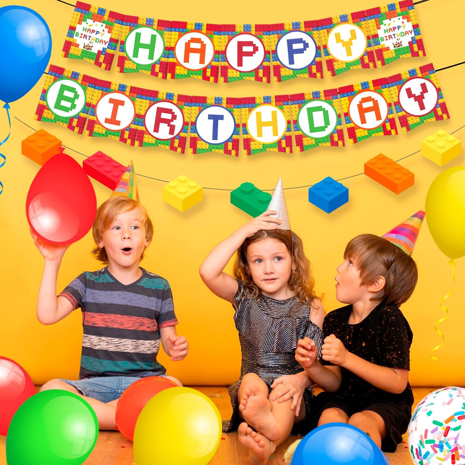 Block Party Decorations,53 Pcs Building Blocks Birthday Decorations Set - Building Block Birthday Balloons,Building Block Banner Cake Topper Etc Colorful Building Block Birthday Party Supplies image number 4