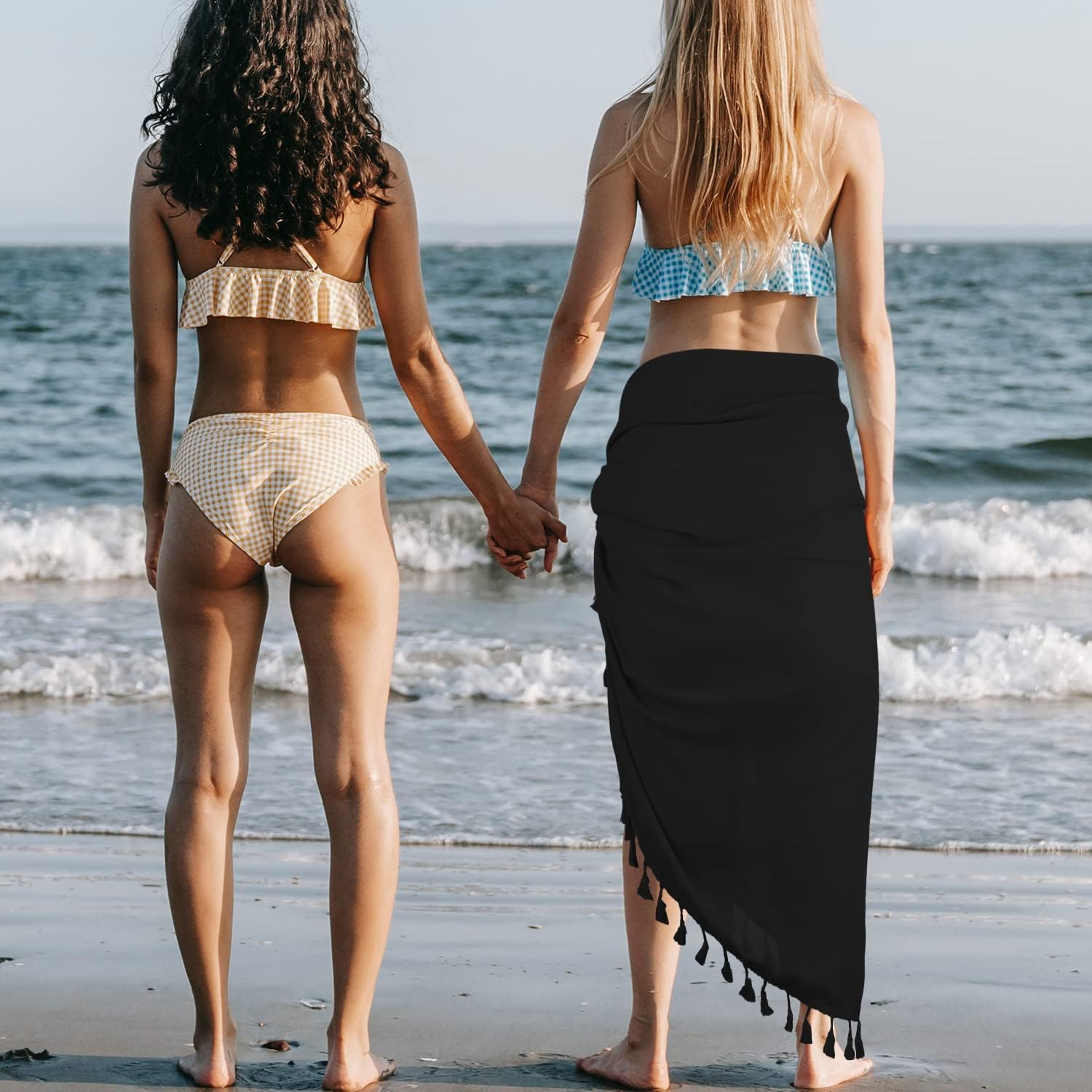 LUTER Women Beach Sarong, Stylish Wrap Pareo with Tassel Soft Swimsuit Cover up Skirt Sarong Wrap for Women Summer Beach (Black), Black, M image number 5