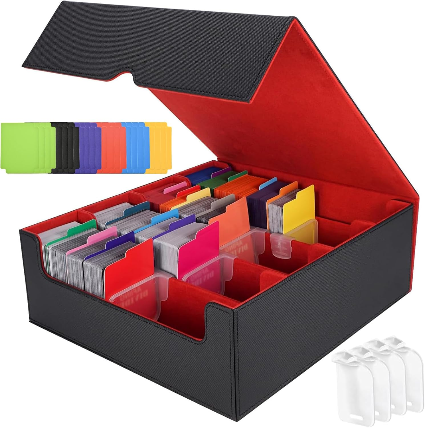 PU Leather Trading Card Deck Case with Display Windows, 3000+ MTG Deck Box with 24 PCS Colorful Dividers Tabs, Magnetic Closure Storage Boxes, Slot Support for Magic Game Cards (BKRED) image number 3