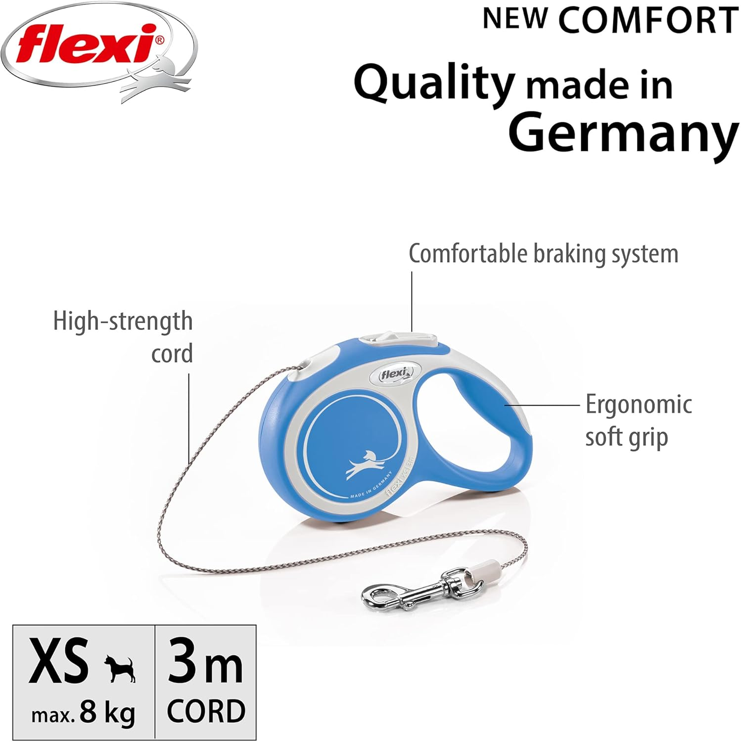 Flexi New Comfort Cord Grey & Blue Extra Small 3M Retractable Dog Leash/Lead for Dogs up to 8Kgs/18Lbs image number 4