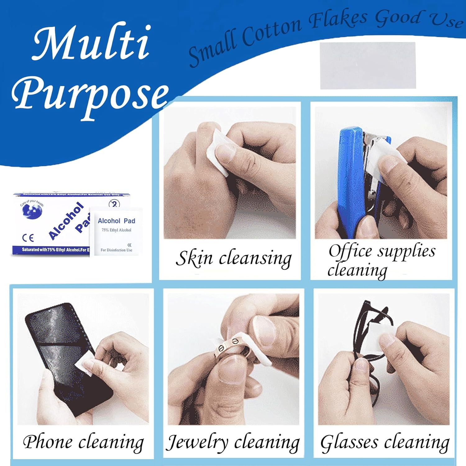 Wakouter Alcohol Pad Swabs Skin Cleansing Wipes Saturated with 75% Ethanol, 100 Pcs Lndividually Wrapped Disposable Alcohol Wipes, Used for Skin Preparation and Equipment Disinfection (6X3Cm)