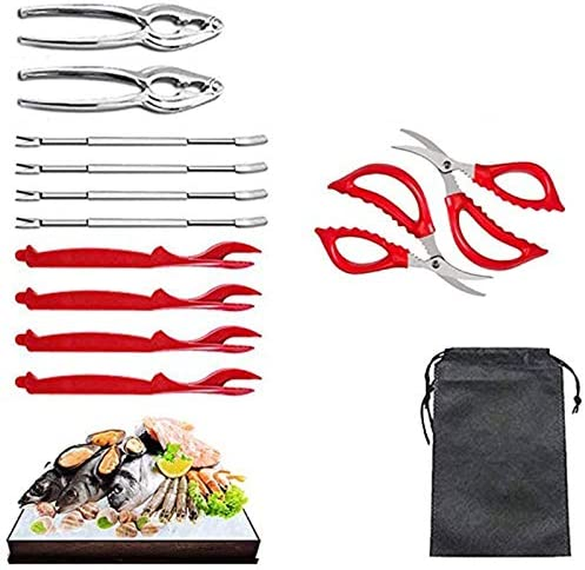 FYJIDY 12Pcs Seafood Tools Set,Seafood Cracker Set Includes Includes 4 Lobster Shellers, 4 Crab Leg Forks, 2 Seafood Tongs,2 Seafood Scissors and 1 Storage Bag