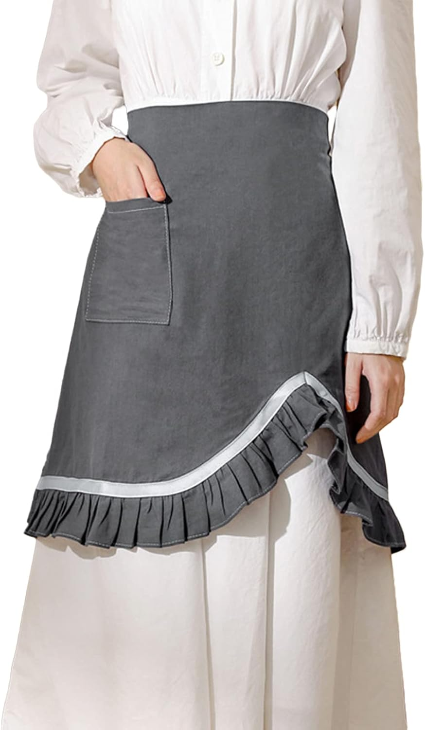 Aoozleny Women Half Apron Retro Waist Apron Ruffle Vintage Apron with Pocket for Chef Cafe Server Waiter Cooking Kitchen