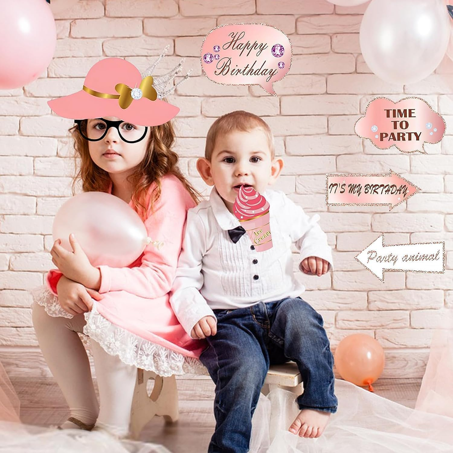 Rose Gold Birthday Party Props - 34Pcs Glitter Photo Props with Lips, Crowns, Flowers, Lipsticks image number 5