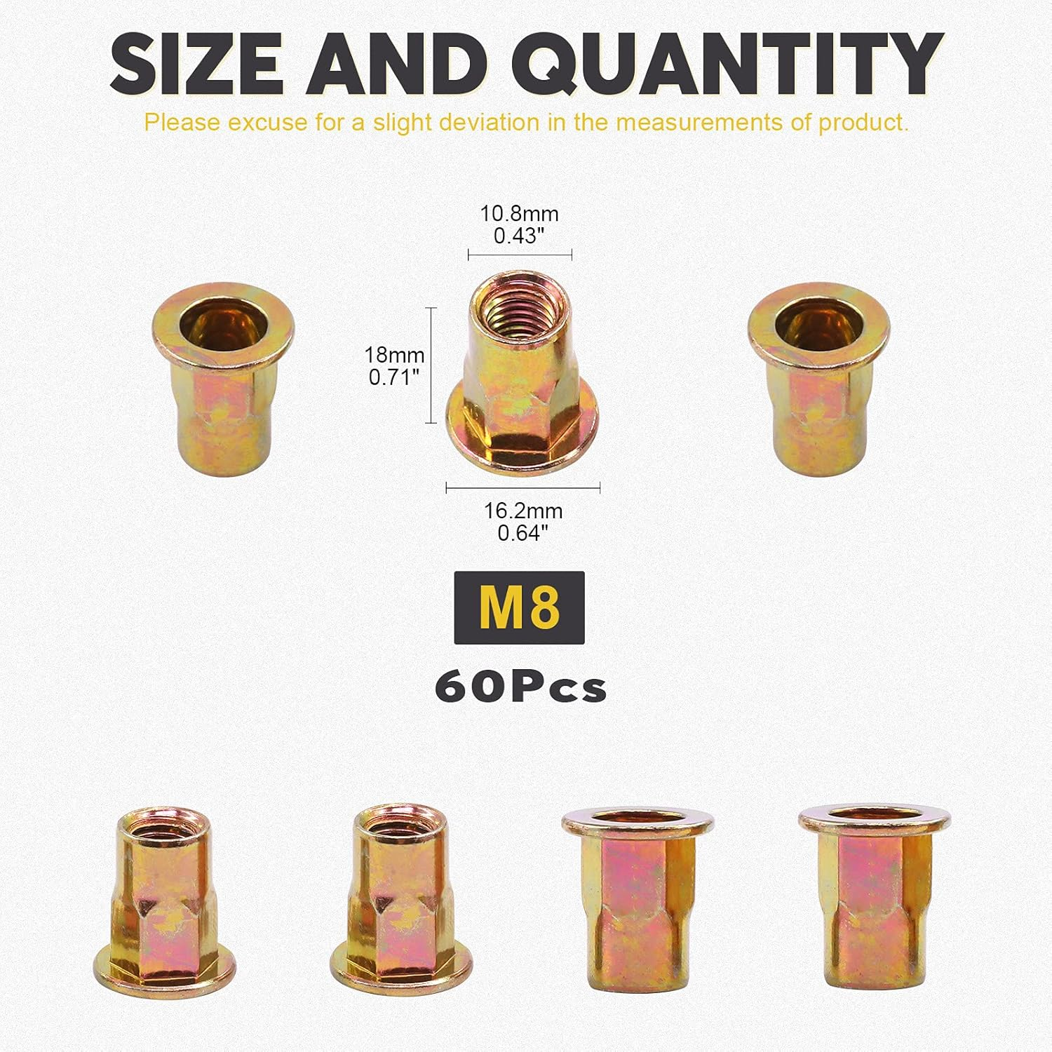 Mardatt 60Pcs M8 Metric Hex Rivet Nut Assortment Kit, Zinc Plated Carbon Steel Hex Rivnut Flat Head Threaded Insert Nutserts image number 5
