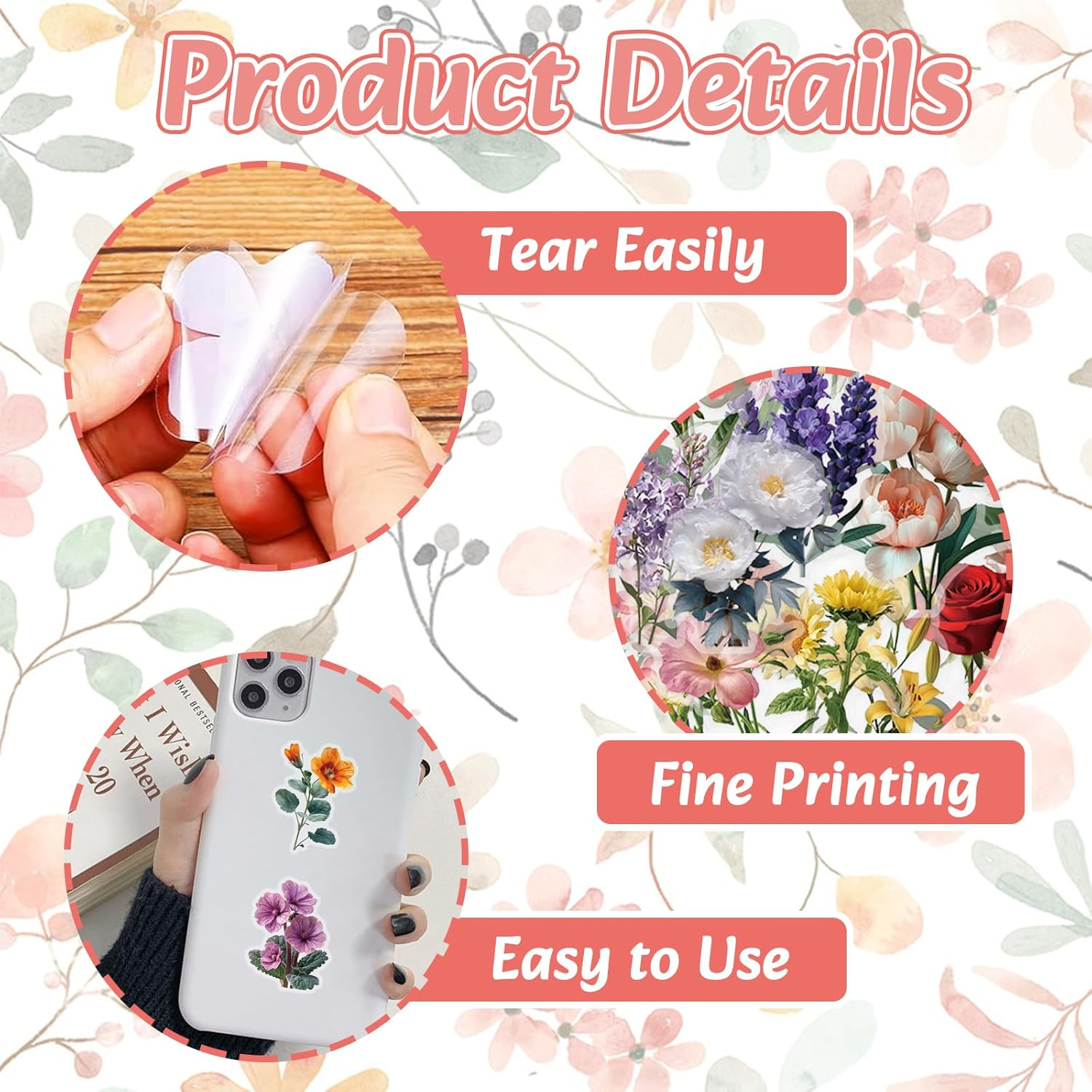 50Pcs Transparent Flower Stickers, Waterproof Flower Pattern Sticker, Self-Adhesive Decorative Decals for Teens Kids Crafts Arts Scrapbook DIY Gift Laptop Water Bottle Cup Luggage Phone Case image number 1