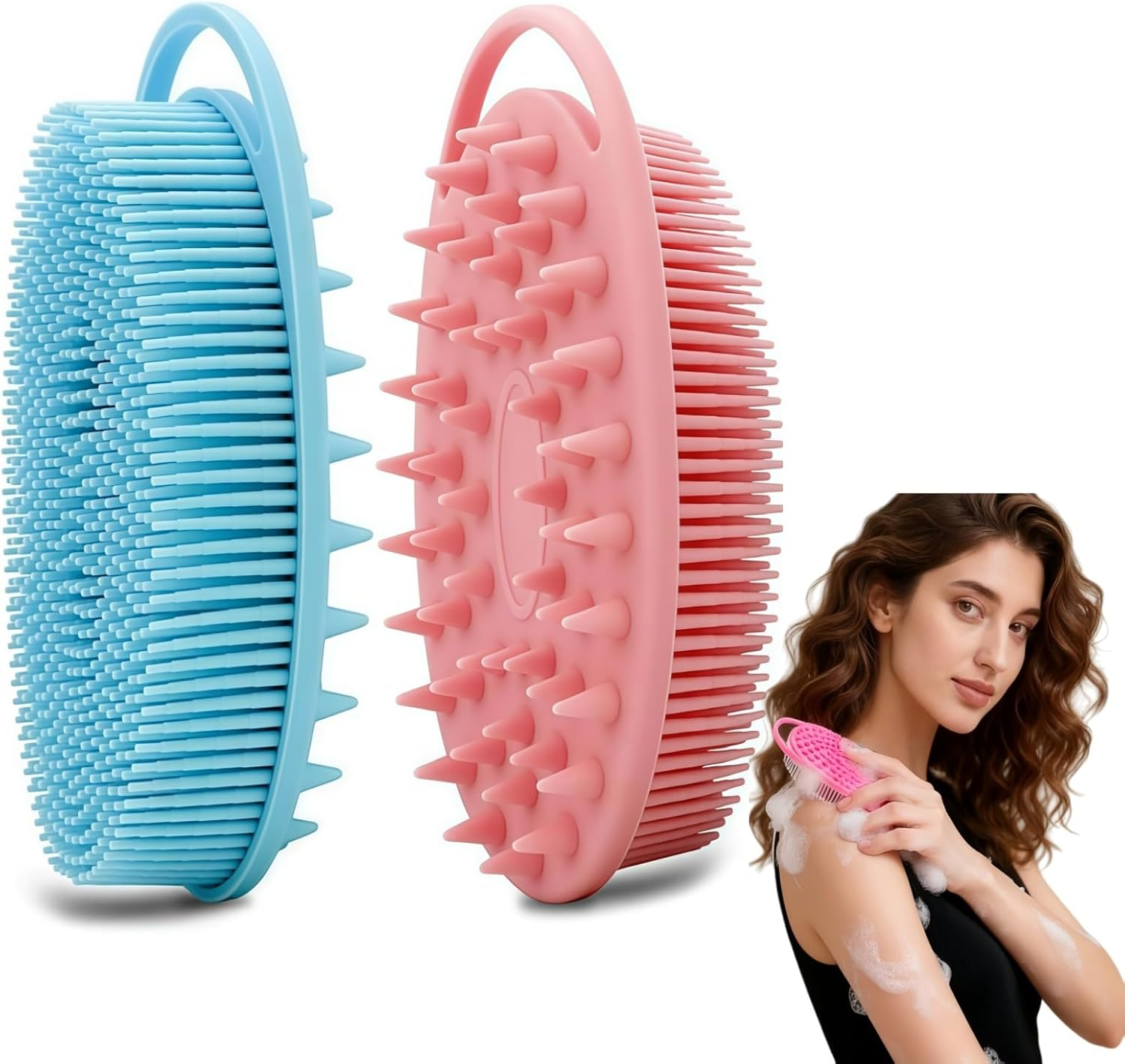 QIAOXUFE 2PCS Silicone Body Scrubber,2 in 1 Bath and Shampoo Body Brush,Exfoliating Body Scrubber for Use in Shower, Premium Silicone Loofah,Scalp Massager, Easy to Clean(Pink,Blue) image number 3