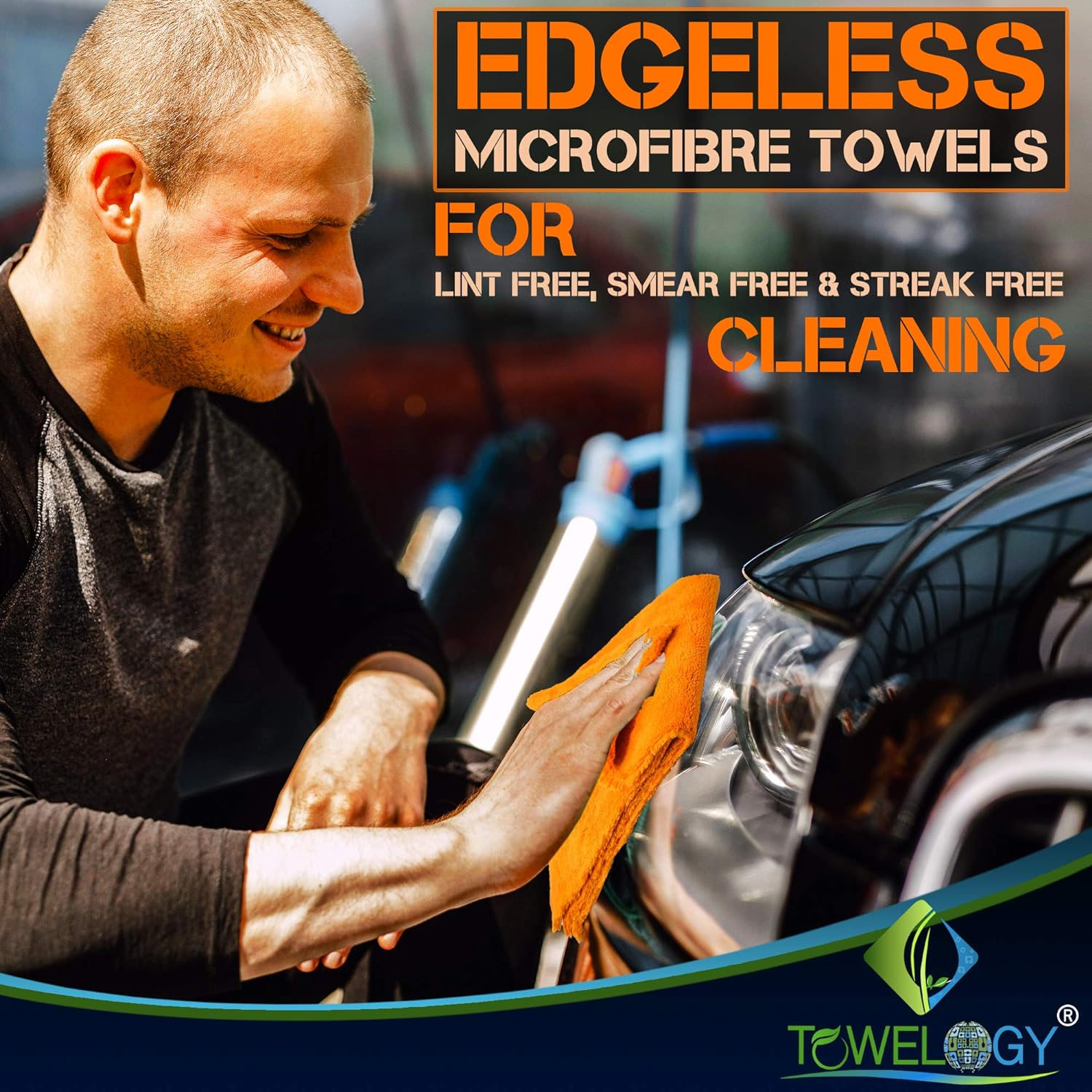 Towelogy&reg; 520Gsm Professional Microfibre Edgeless Car Cloths QUICK DRY for Auto/Moto Detailing Polishing Washing STREAK FREE & LINT FREE 40X40Cm (Grey/Orange, Pack of 2) image number 1