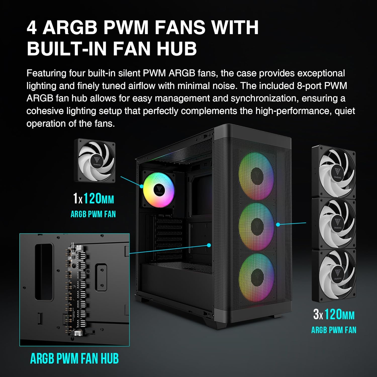 GAMDIAS ATX Mid Tower Computer Case Tempered Glass, Gaming PC Case Support Dual 360Mm Aio/Radiator, 7X120Mm Case Fans (4X 120Mm Built-In), 420Mm GPU/VGA, USB3.0X 2, Type C X1, 170Mm CPU Cooler image number 5