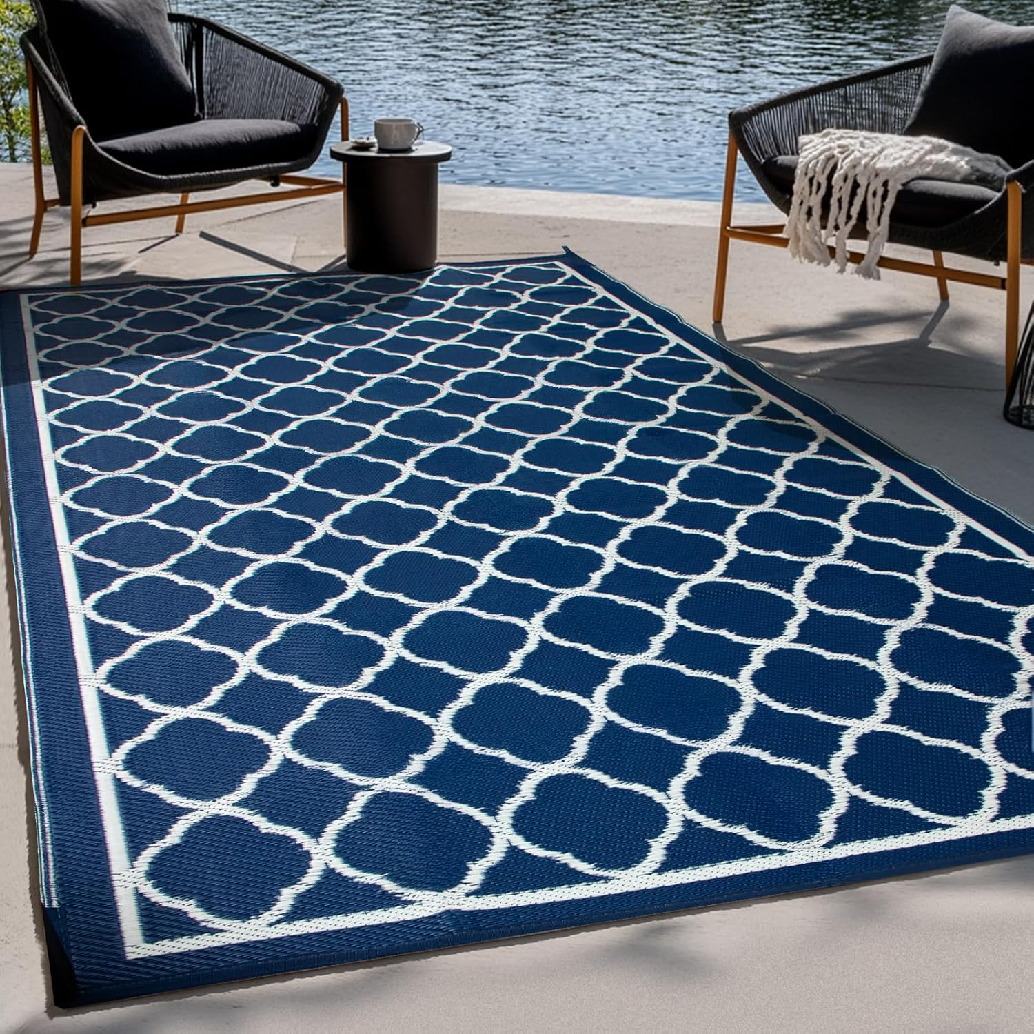 Waterproof Outdoor Rug 5X8 Ft, Reversible Plastic Straw Rug, Easy to Clean Patio Rug, Portable Carpet for Patio, RV, Deck, Balcony, Backyard, Picnic, Beach, Clover, Navy Blue