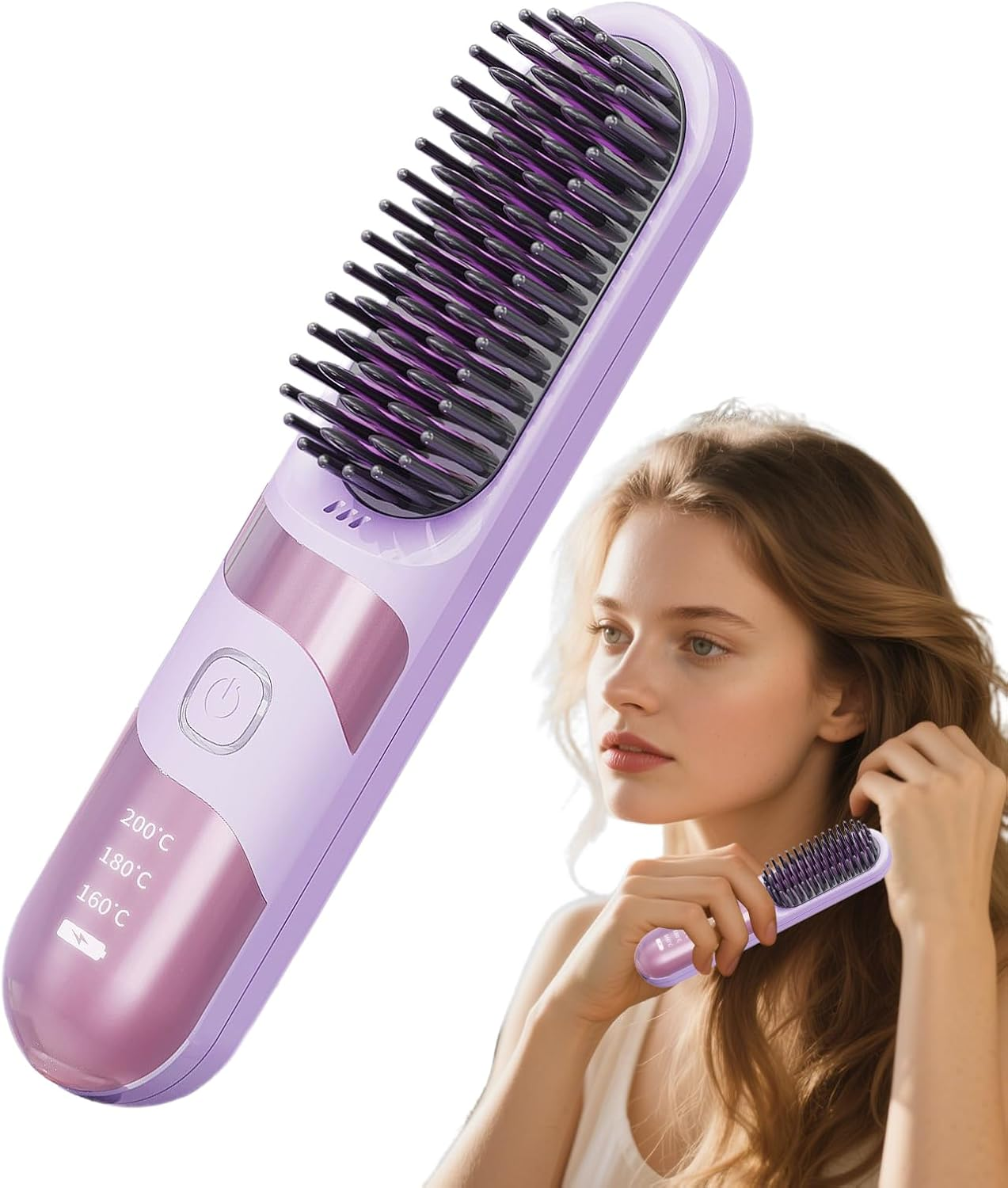 Nankoyal Rechargeable Hair Straightener | Wireless Curler Brush - 2-In-1 Temperature Adjustable Quick Styling Cordless Hair Straightener Brush for Home