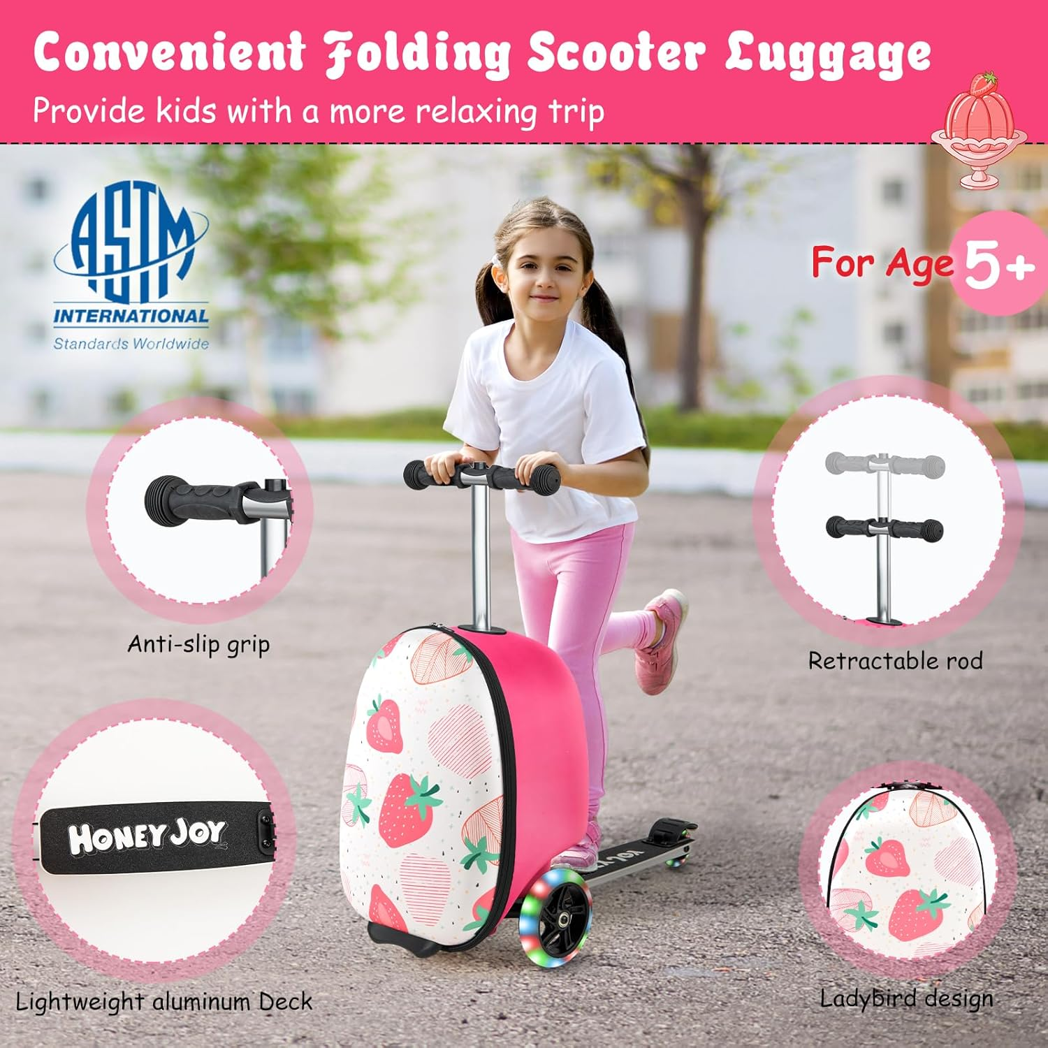 Costway 2-In-1 Ride on Scooter Suitcase, 19" Kids Travel Luggage with Waterproof EVA Shell & LED Flashing Wheels, Folding Scooter with Retractable Steering Handle for Boys & Girls image number 2