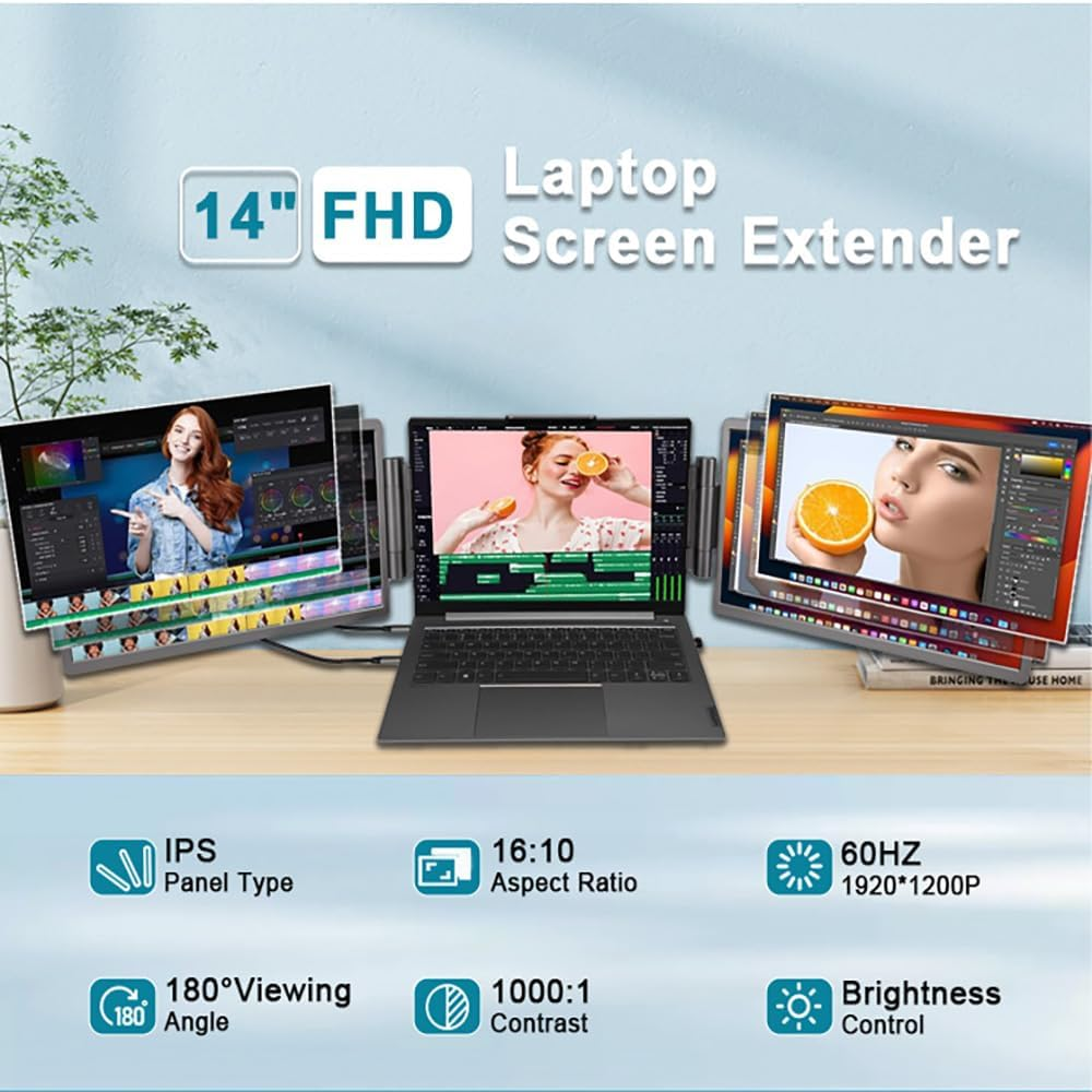 Dual Laptop Screen Extender, 14" 1200P Triple Portable Monitor for Laptops, Type-C/Hdmi/Usb-A Plug/Play Laptop Monitor Extender for 13&rdquo;-17&rdquo;, Compatible with Windows, Mac, Chrome image number 4