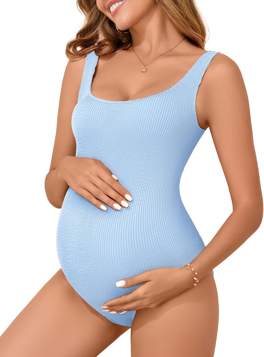 Summer Mae Maternity One Piece Swimsuit Seamless Ribbed Bathing Suit Scoop Neck Pregnancy Swimwear One Size Fits S-XL