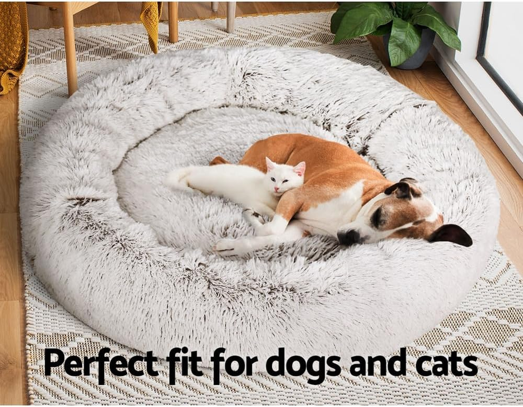 Pet Bed Dog Cat 110Cm Calming Extra Large Soft Plush White Brown Cozy Comfort