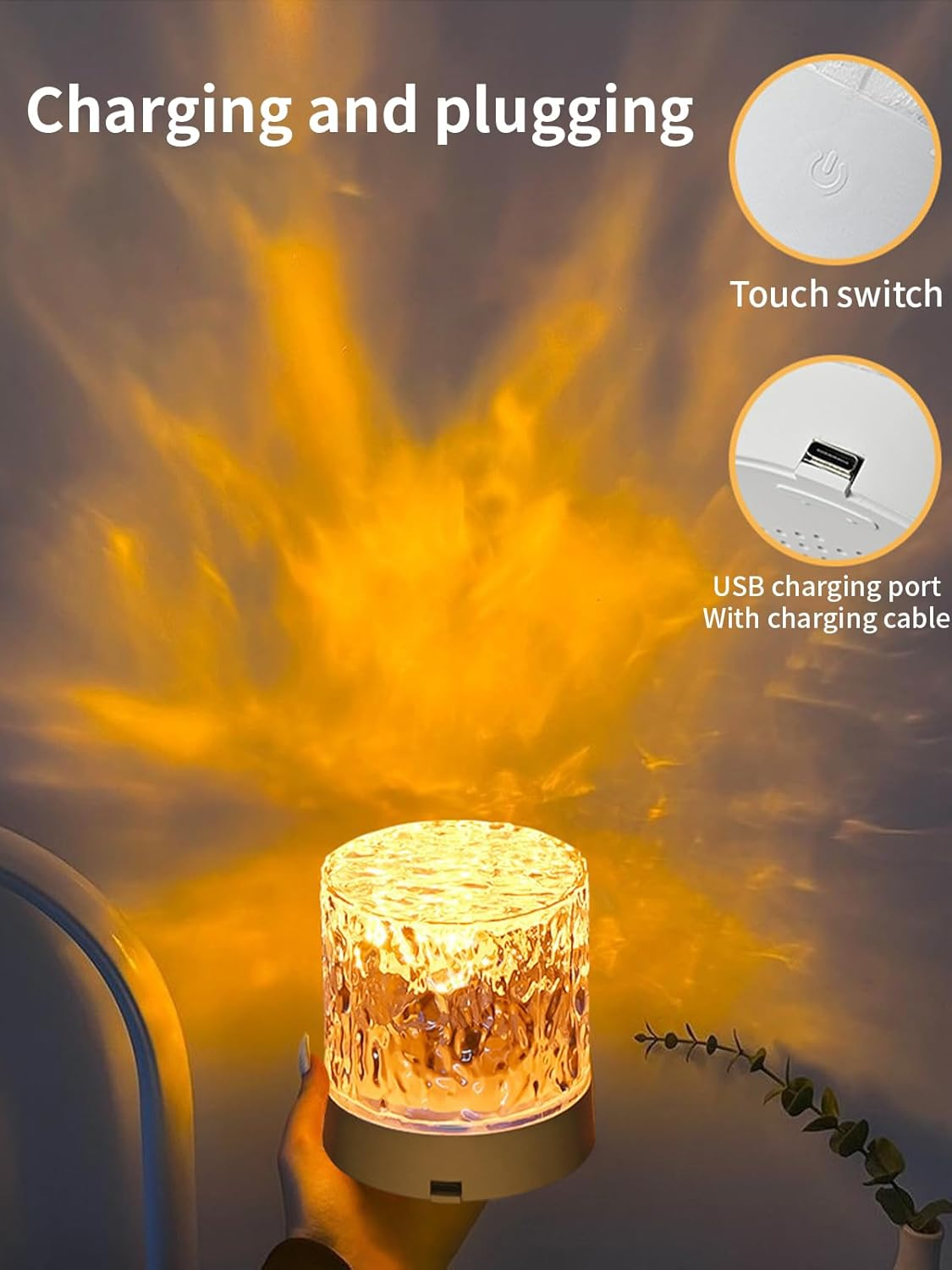 Water Ripple Lamp, Crystal Ocean Wave Lamp, 16 Colors Northern Lights Water Ripple Lamps, Projection USB Rechargeable Bedside Lamps, for Bedroom Living Room Wall Decoration Kids Room (Charging Type) - 3*Charging Type image number 5