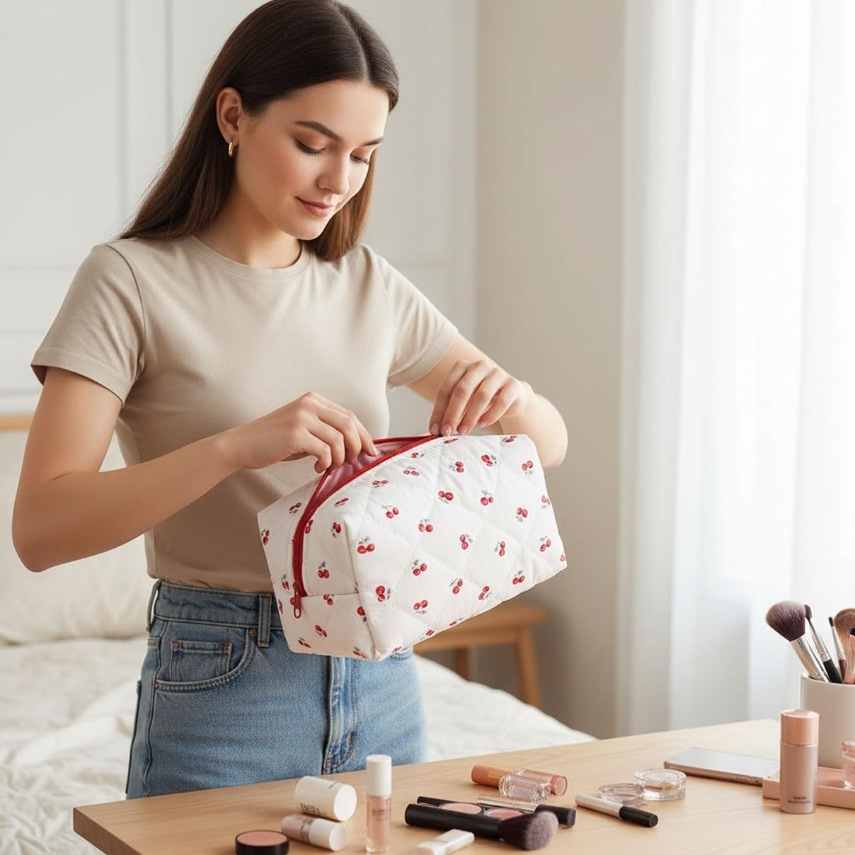 Floral Quilted Makeup Bag for Travel, Portable Cosmetic Organizer with Spacious Interior (Cherry, 17 * 12 * 9.5Cm) - Tisuff image number 2