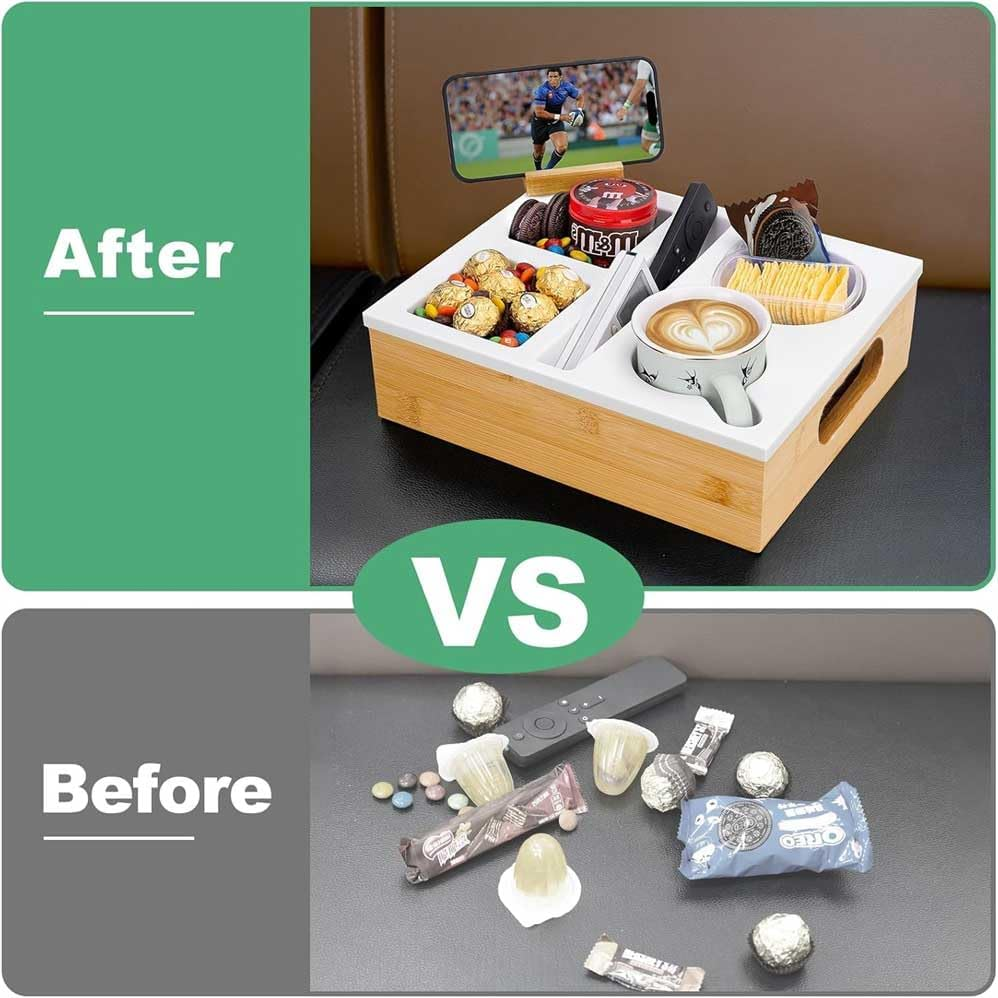 Couch Cup Holder Tray,Bamboo Couch Cup Holder with Soft Silicone, Sofa Storage Tray with Removable Phone Stand,Waterproof Anti-Spill Sofa Cup Holder,Sofa Cup Holder Suitable for Snacks, Drinks. image number 1