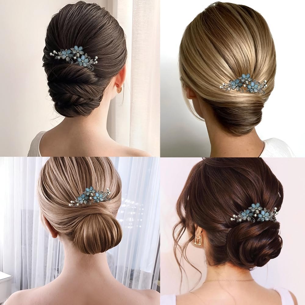 1Pcs Flower Rhinestone Hair Comb Clips Floral Hair Pins for Buns Flower French Metal Hair Pin Hair Fork Decorative Hair Combs French Side Comb Hair Side Combs for Women French Twist Hair Comb Clip image number 1