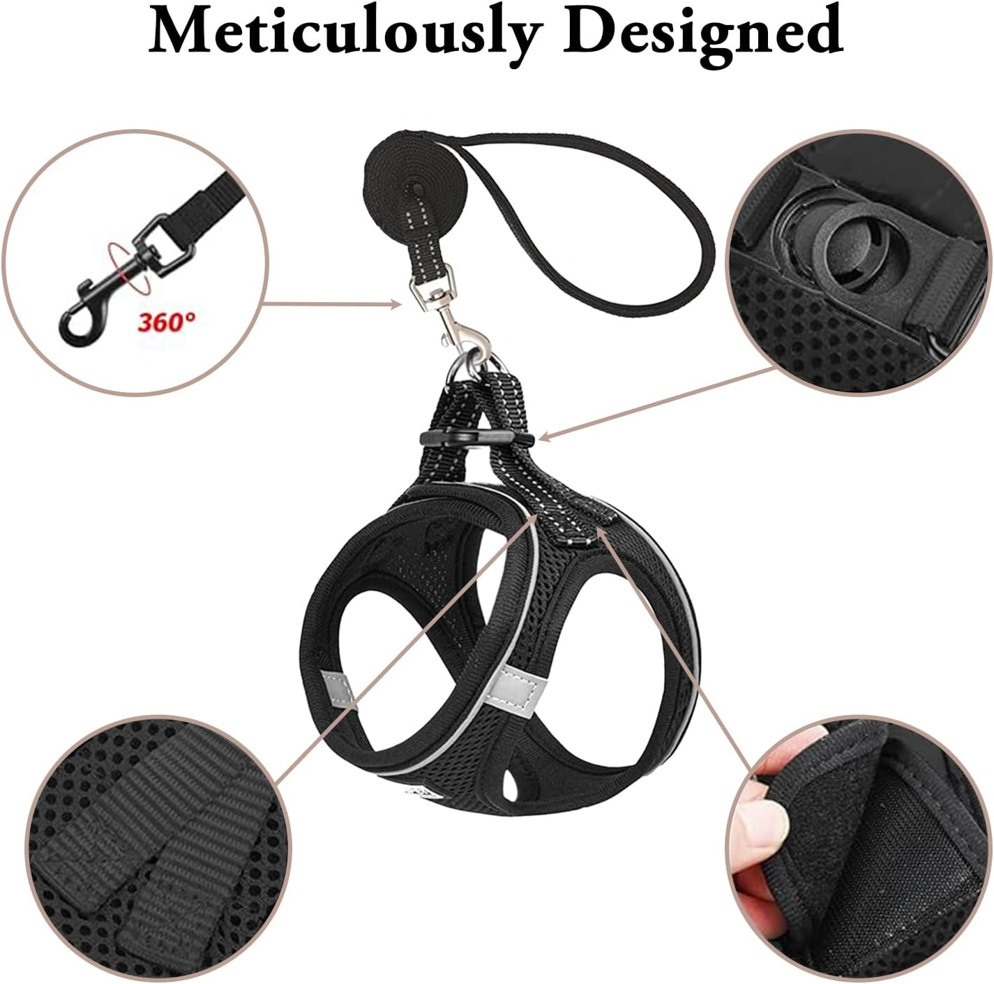1 Pack Cat Harness, Outdoor Mesh Puppy Harness, Adjustable Pet Harness, Pet Mesh Lead, Anti-Escape Kitten Harness, Suitable for Cats, Dogs (Black, M) image number 6