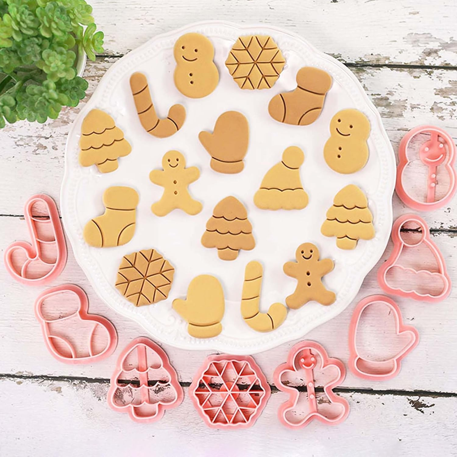 8 Piece Mini Cookie Cutters - One-Touch 3D Raised Cookie Stamps - Mini Gingerbread Man, Snowflake, Snowman, Christmas Tree Baking Molds - Ornament Cookie Cutter Set - Christmas-1 image number 4