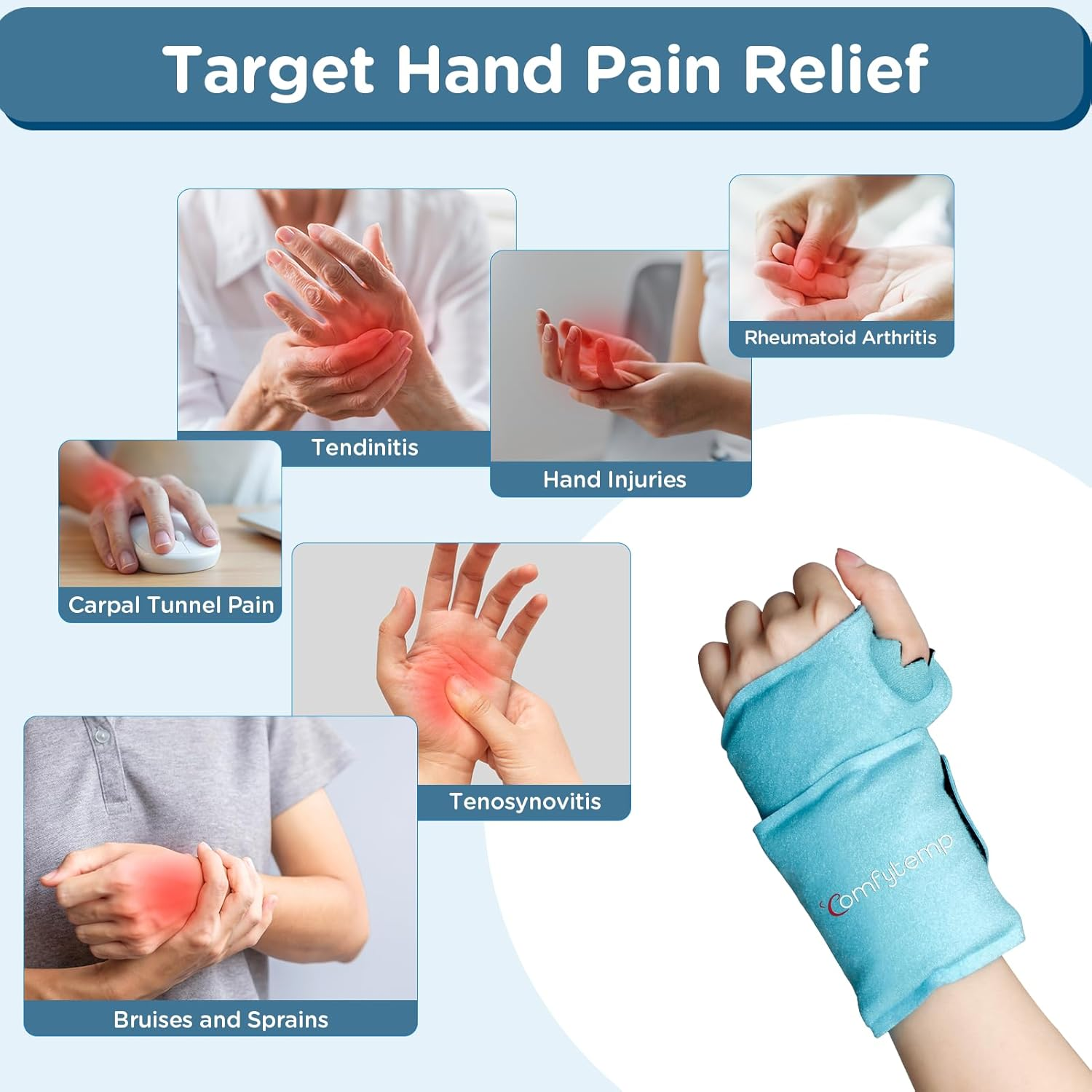 Comfytemp Wrist Ice Pack Wrap for Hand Osteoarthritis,Gel Ice Packs for Injuries Reusable for Wrist Hand Pain, Hot Cold Compress Brace for Tendinitis/Tenosynovitis, Surgery Recovery Items Men Women image number 3