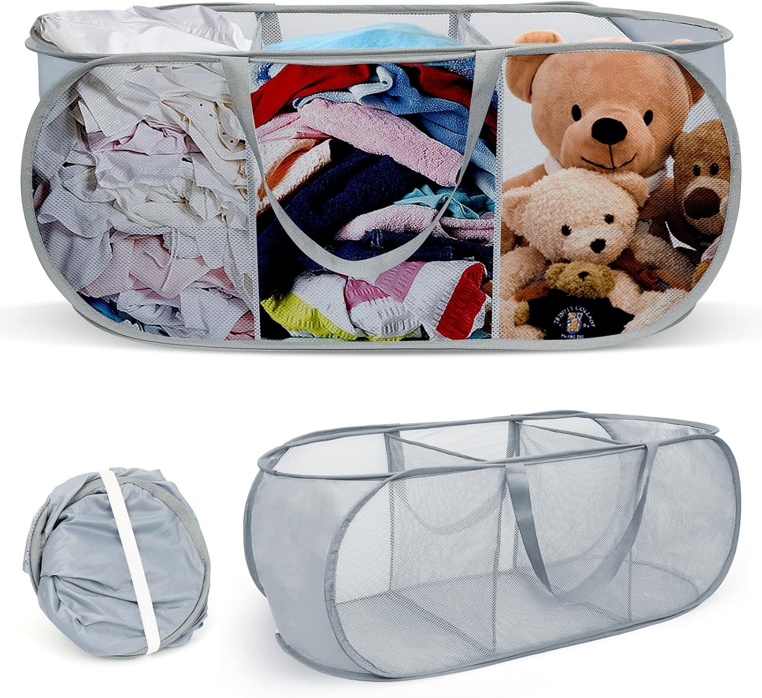 Vellaluna Collapsible Laundry Basket,3 Compartments Mesh Laundry Basket, Large Laundry Hamper Basket with Handle,Collapsible Mesh Dirty Clothes Hamper for Bathroom, Kids Room,Travel or Camping image number 1