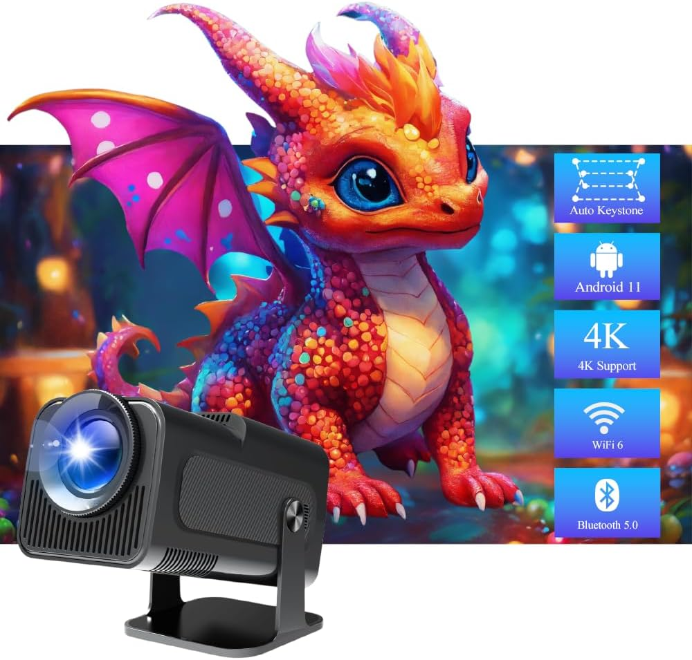 HY320 Projector - with Android 11, Smart Projector 1080P Full HD 4K Support, Outdoor Projector Wifi 6 BT 5.0 180&deg;Rotatable Projector for Phone/Laptop/Tv - Black image number 5