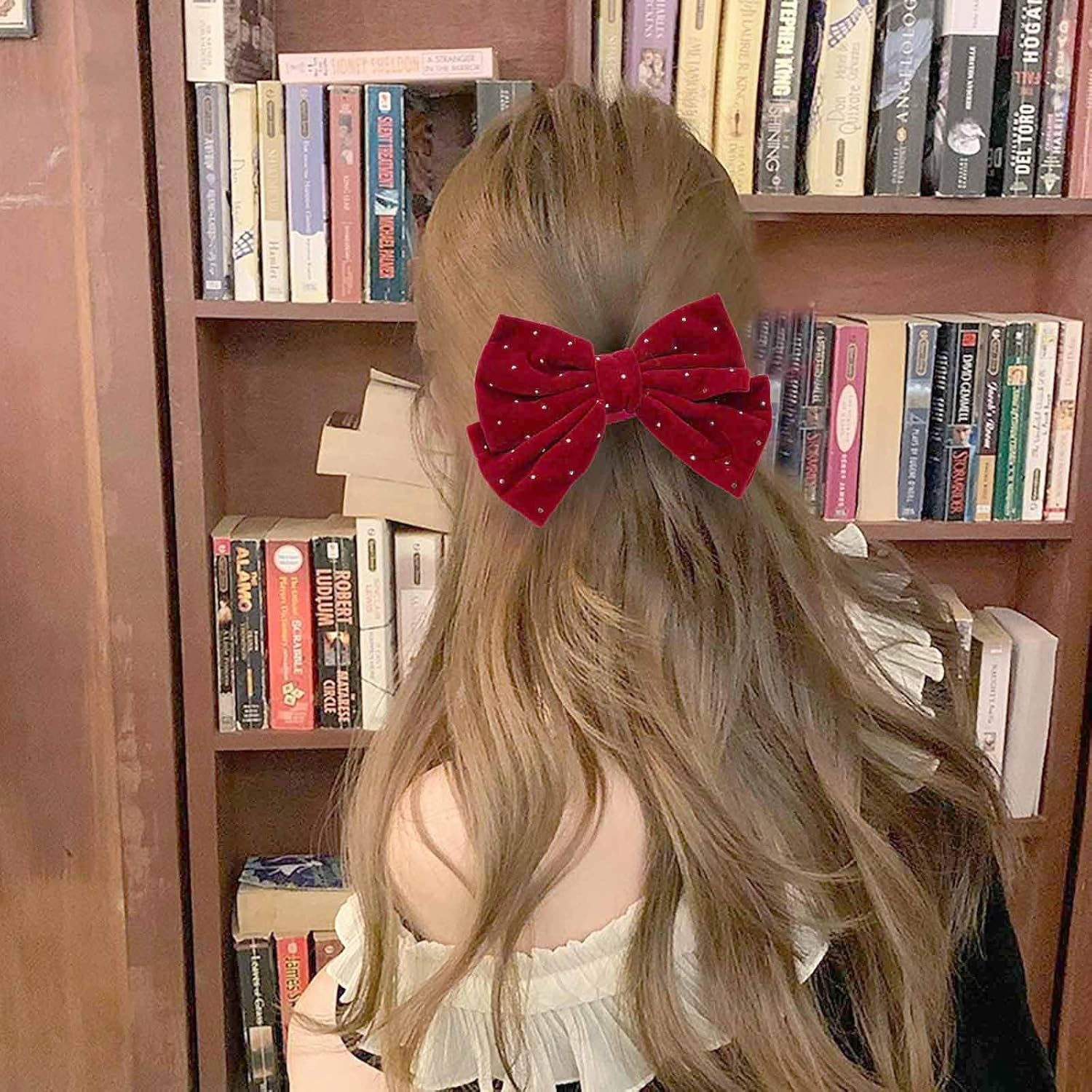 Red Hair Bows for Women Velvet Bow Hair Clips Glitter Crystal Bow Clips Cute Hair Bow Clips French Hair Band Bow Rhinestone Bows Party Prom Wedding Bow Clip image number 6