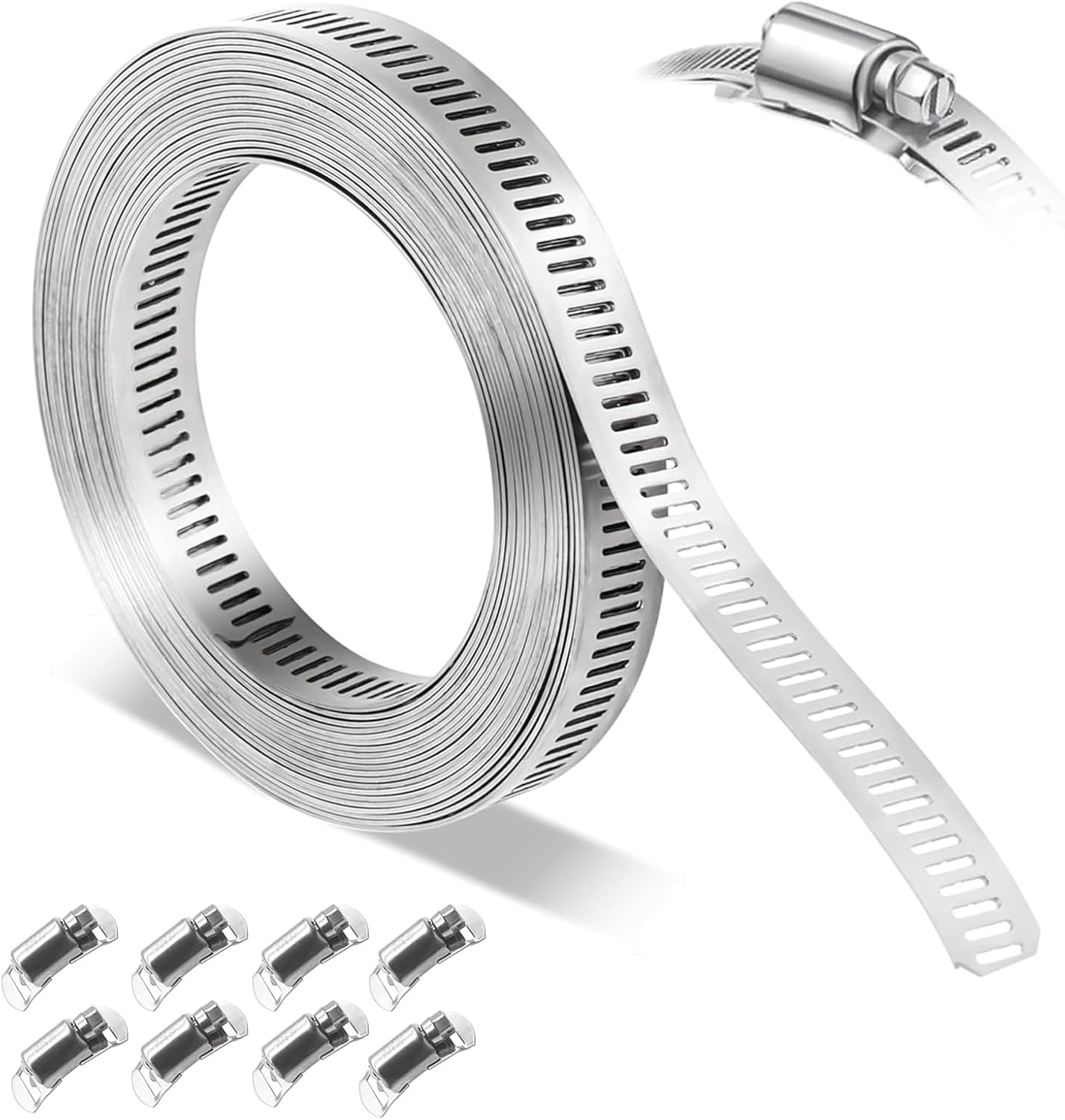 Hose Clamp Set, 4M Heavy Duty Metal Strapping with Holes & 8 Fasteners, Large Adjustable Worm Gear Hose Clamps Stainless Steel Pipe Clamps, Band Clamp for Automotive, Mechanical Applications (1+8) image number 3