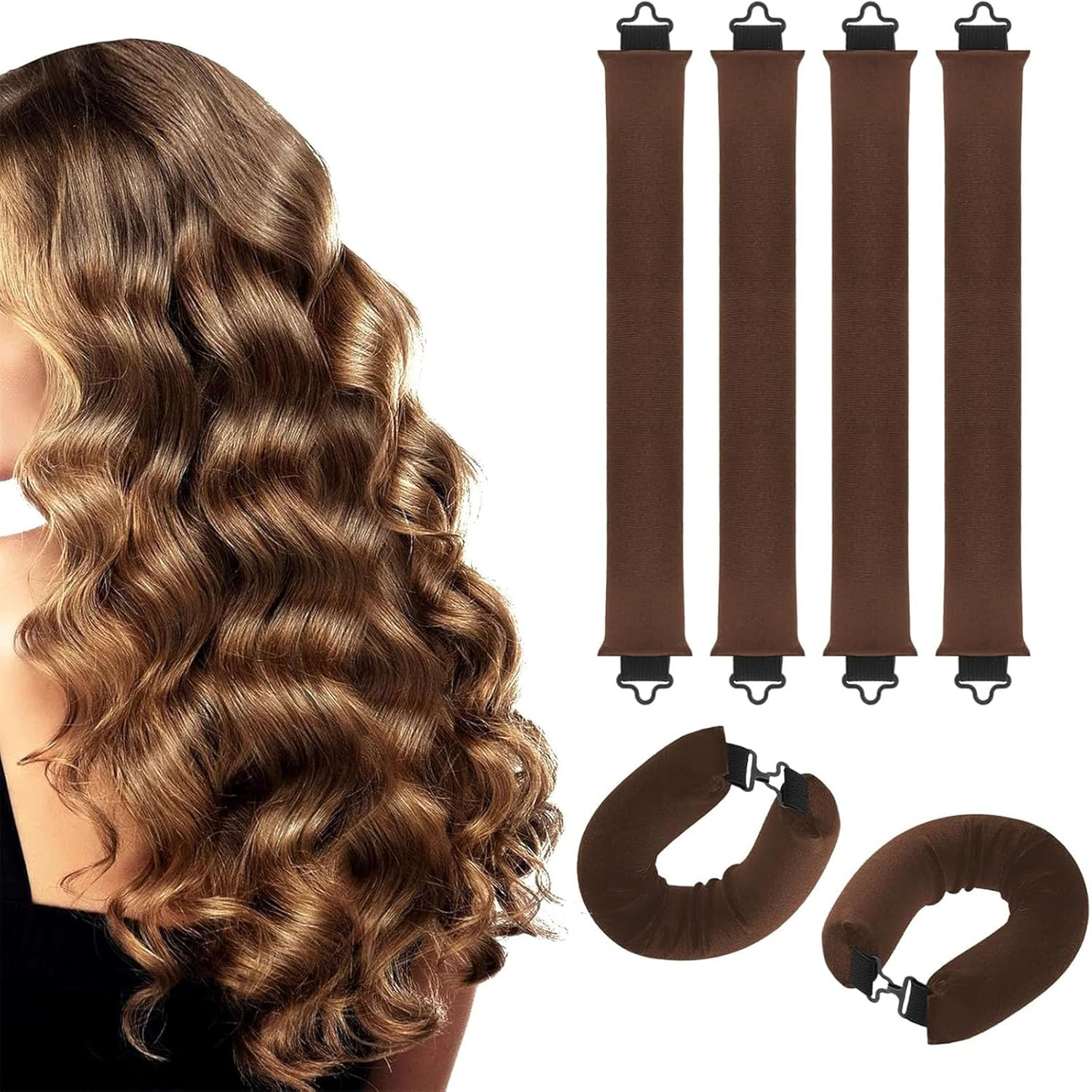 Heatless Hair Curler 4Pcs Overnight Rods for No Heat Curls - Velvet Satin Flexi Rods Sleep in Curlers Blowout for Long Short Hair Volume Women Styling Tools Brown image number 1