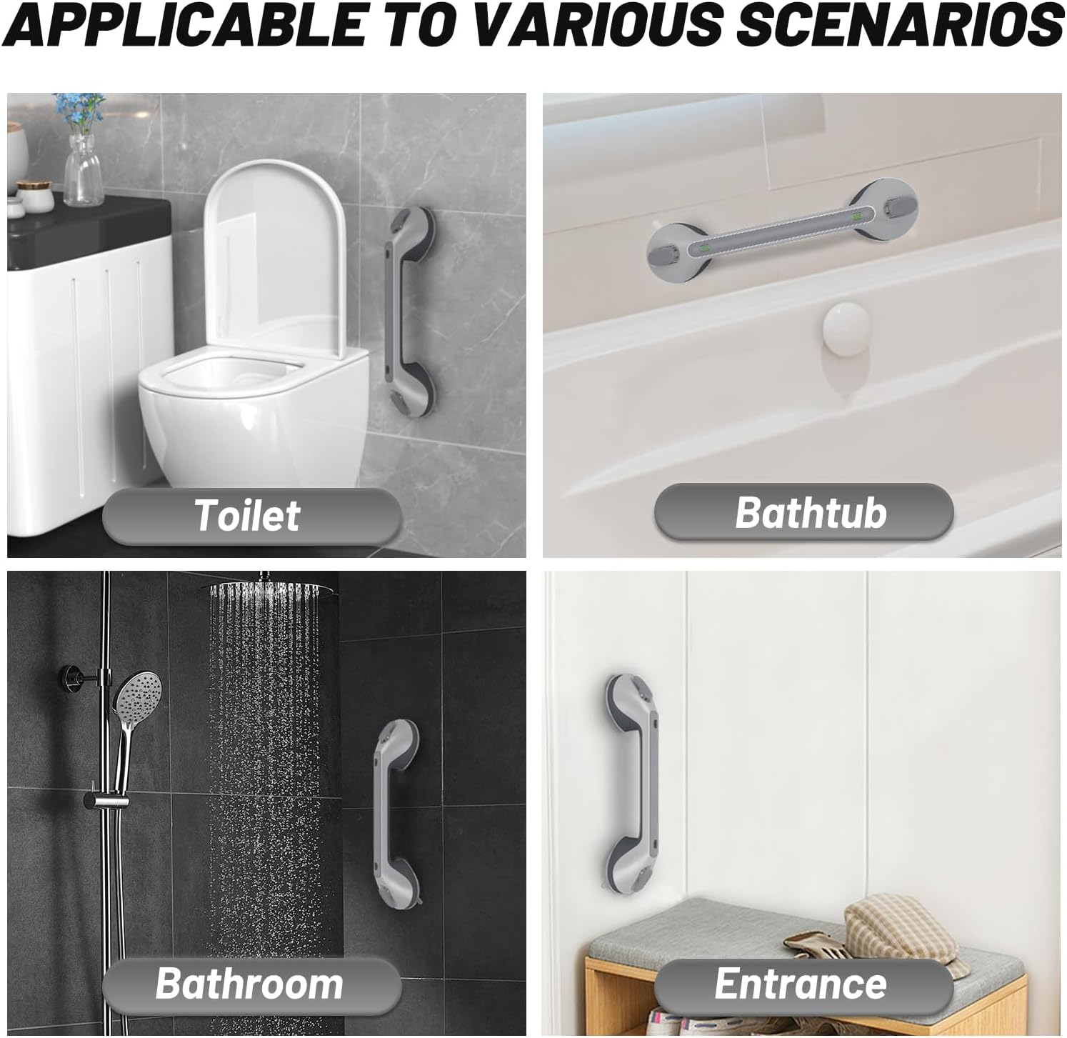 Grab Rail Shower Grab Bars for Seniors, 2 X 16 Inch Grab Rail with Suction Cup for Elderly, Mobile Bathroom Grab Handle, Non-Slip Suction Cup for Bathroom, Toilet, No Drilling, Shower Grab image number 1