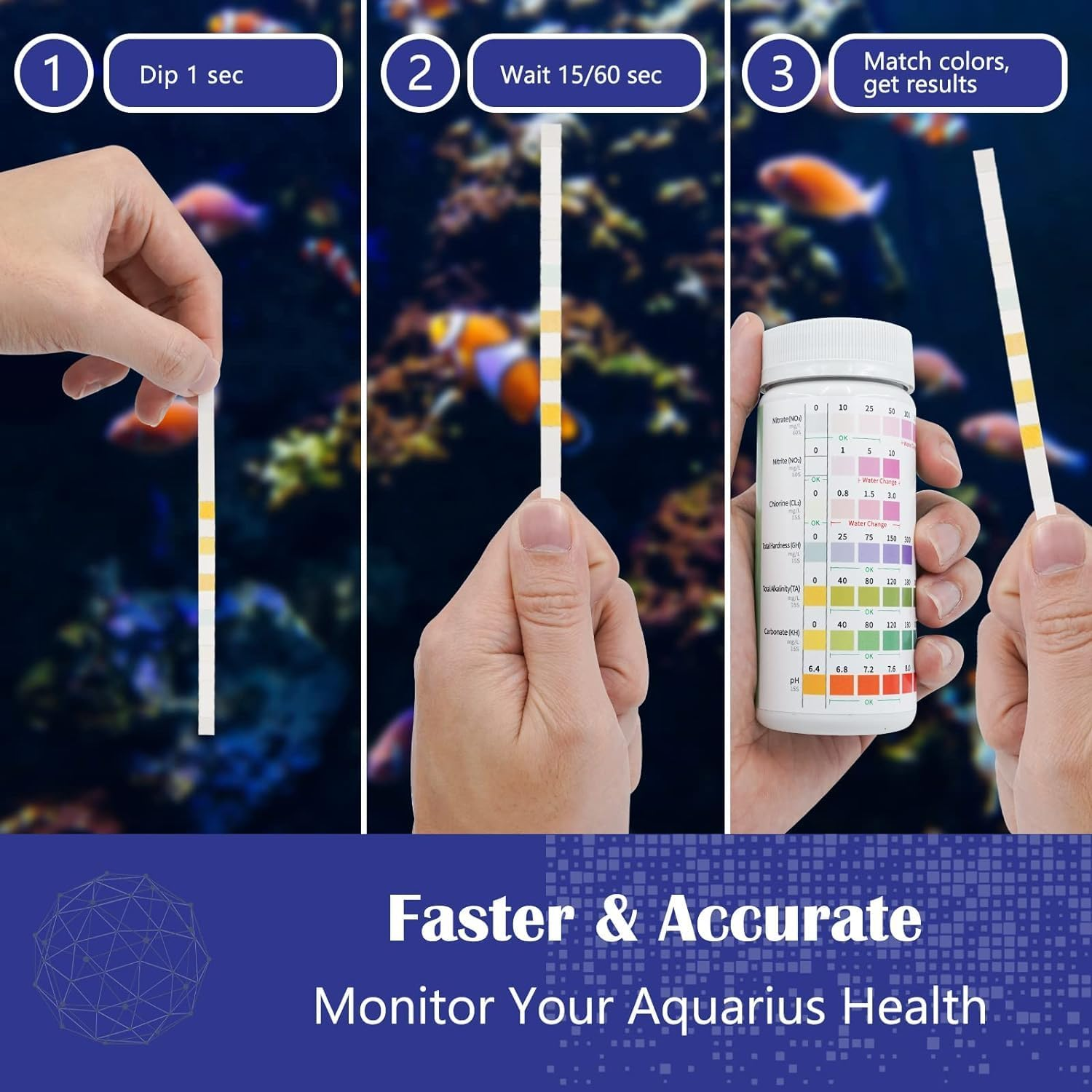 7 in 1 Aquarium Test Strips,100 Strips Fish Tank Test Kit for Testing Ph Nitrite Nitrate Chlorine General & Carbonate Hardness, Accurate Saltwater and Freshwater Aquarium Water Testing image number 3