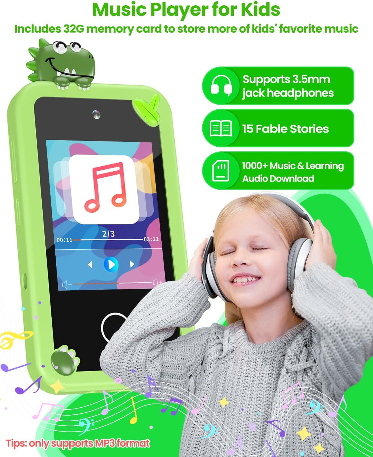 Kids Smart Phone for Boys with 32G Card & Holographic Pyramid, Christmas Birthday Gifts for Age 3-10 Kids Toys Cell Phone, 2.8"Touchscreen Toddler Learning Toy, Dual Lens, Music Player(Green Dinosaur) image number 4