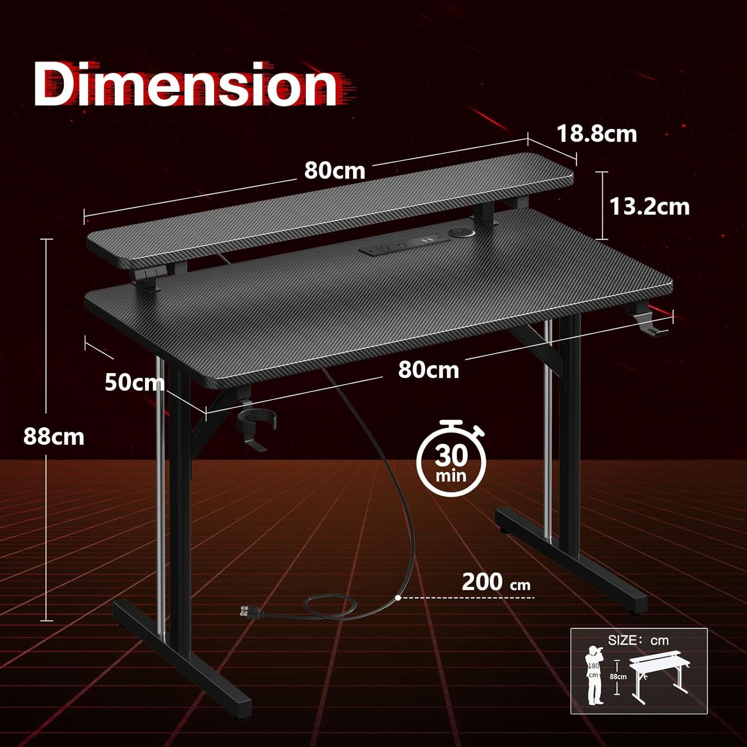 ODK Gaming Desk with LED Lights & Power Outlets,10 Color Adjustable,Gaming Table with Monitor Shelf, Gomputer Desk, Computer Table, 80 * 50 * 88Cm, Black image number 2