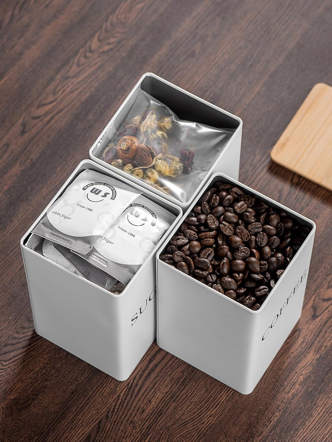 Alerrawia 4 Pcs Tea Coffee Sugar Canister 1000 Ml Metal Coffee Tea Sugar Container with Airtight Bamboo Lid and Name Marker Food Storage Containers Jars for Coffee Sugar Tea White Container image number 5