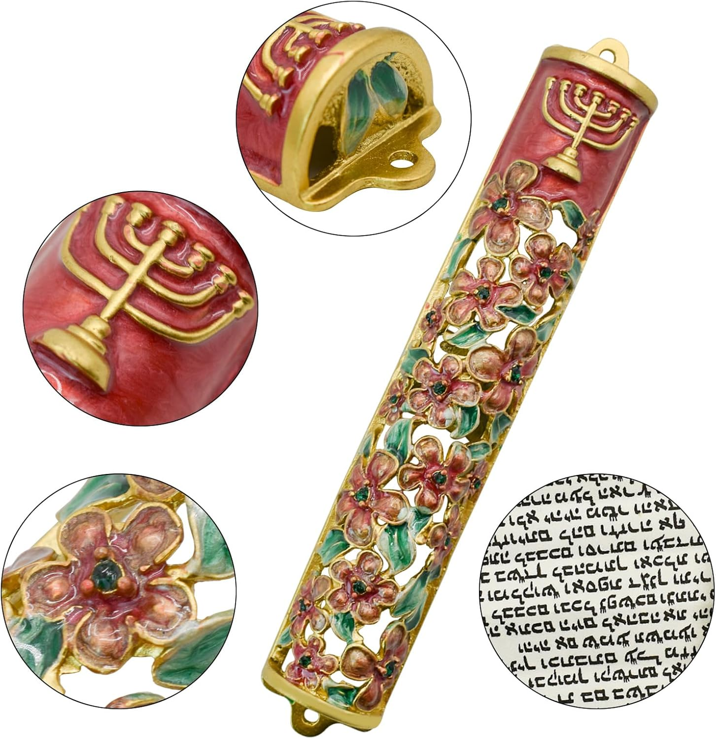 Mrmrkura Mezuzah with Scroll for Door, Enamel&Zinc Alloy Blessing Mezuzah Case, Colored Painted Mezuzha Scroll Kosher for Jewish Gifts/Jewish Decor, Christmas (Red and Gold) - Bright Green image number 7