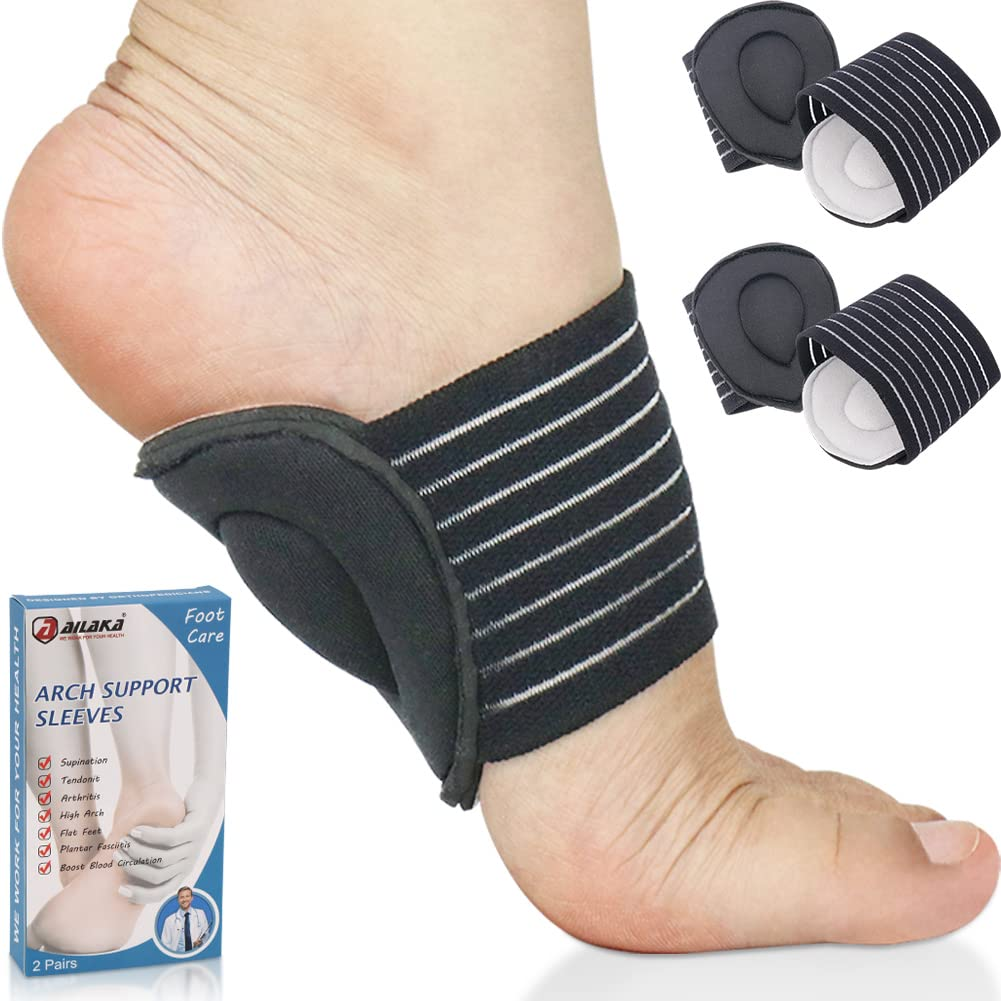 Ailaka 2 Pair Compression Cushioned Arch Support Brace, Plantar Fasciitis Sleeves for Pain Relief & Sore, Flat Feet, Heel Spurs
