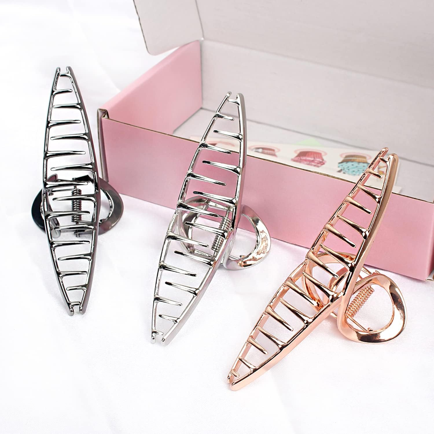 FAELBATY Hair Clip Claws Set of 3 (Glossy Silver, Dark Grey, Rose Gold) - Glossy Metal Hair Clips, Large Hair Accessories for Women and Girls, Strong Hold Barrette, 3 Pcs image number 5