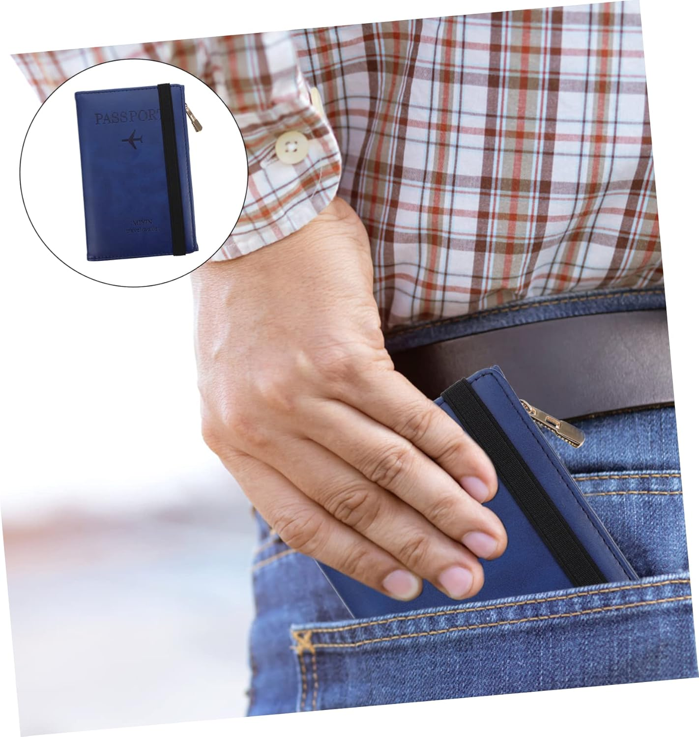 BCOATH Travel Passport Protector Pu Passport Holder RFID Blocking Card Cover with Zipper Gate Pass Holder for Men and Women Short Blue - Navy image number 4