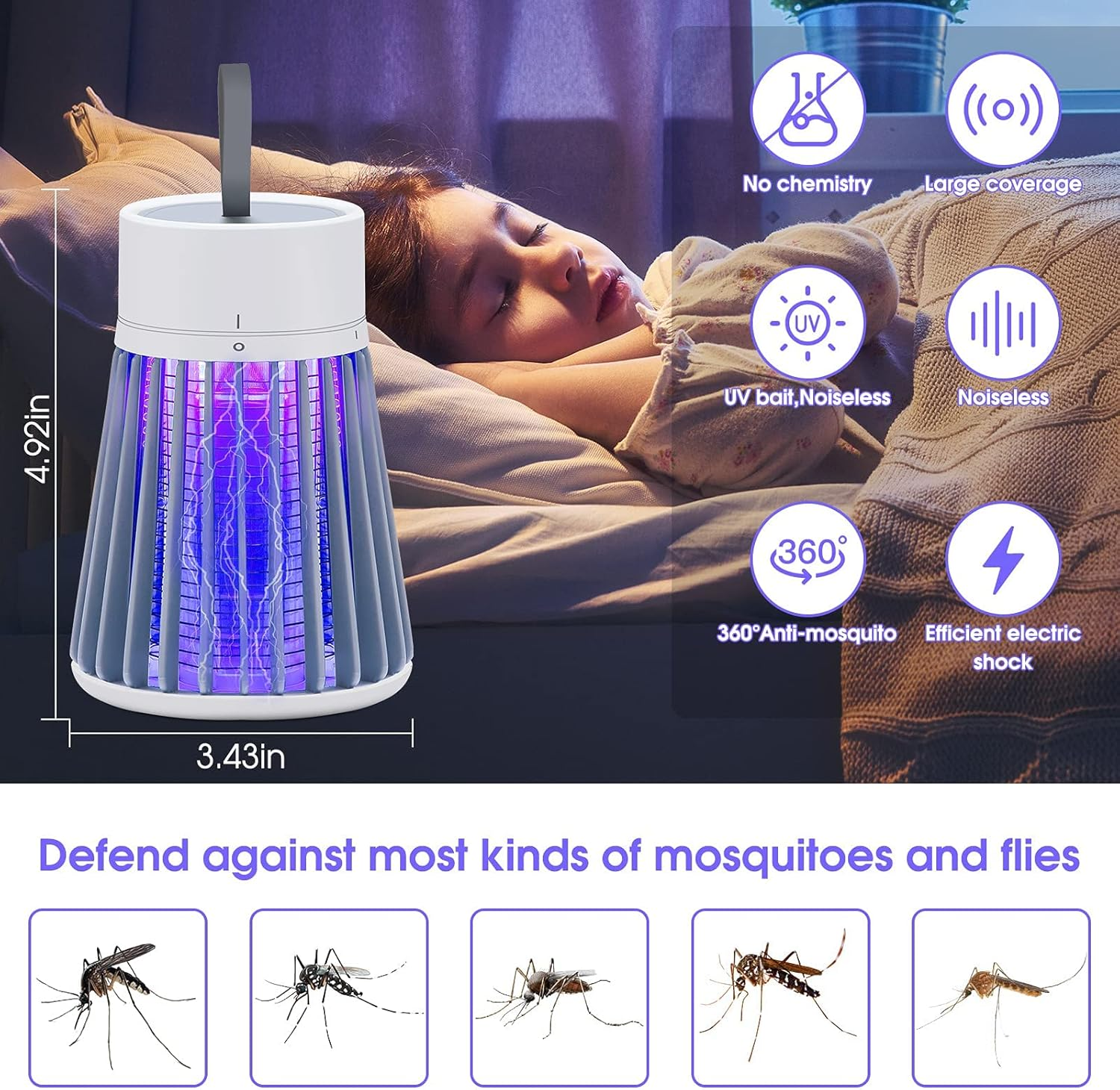 Portable Bug Zapper, LED Fly Trap with Purple Light, 6-Hour Battery Life, Indoor Outdoor Mosquito Killer, Grey