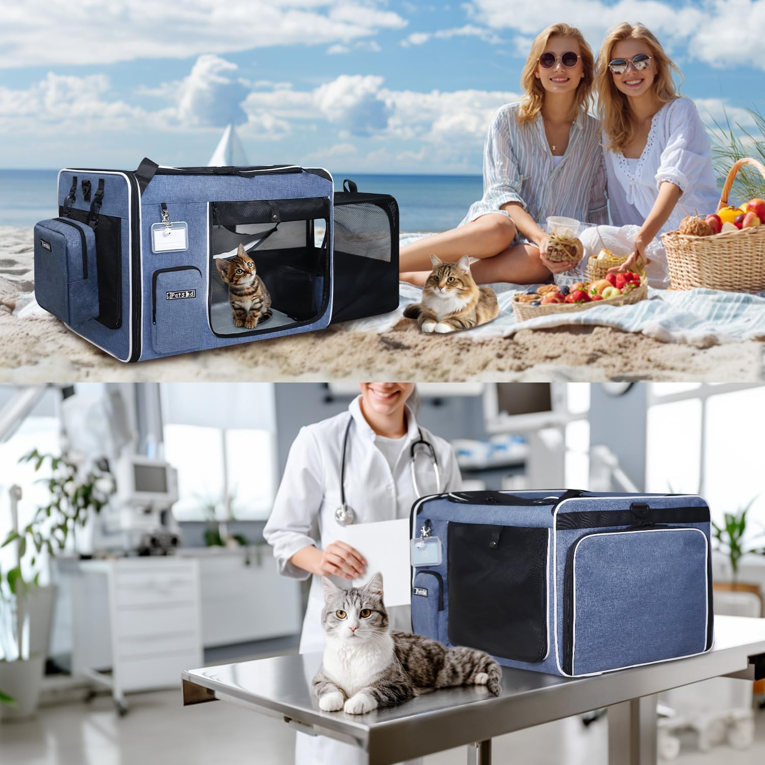 Petskd Side Expandable Extra Large Cat Carrier with Litter Box Area for Long Distance Car Travel,24"X17"X17" Collapsible Soft-Sided Large Pet Carrier with Zipper Locks for 2 Cats under 55Lbs(Blue) - Blue image number 1