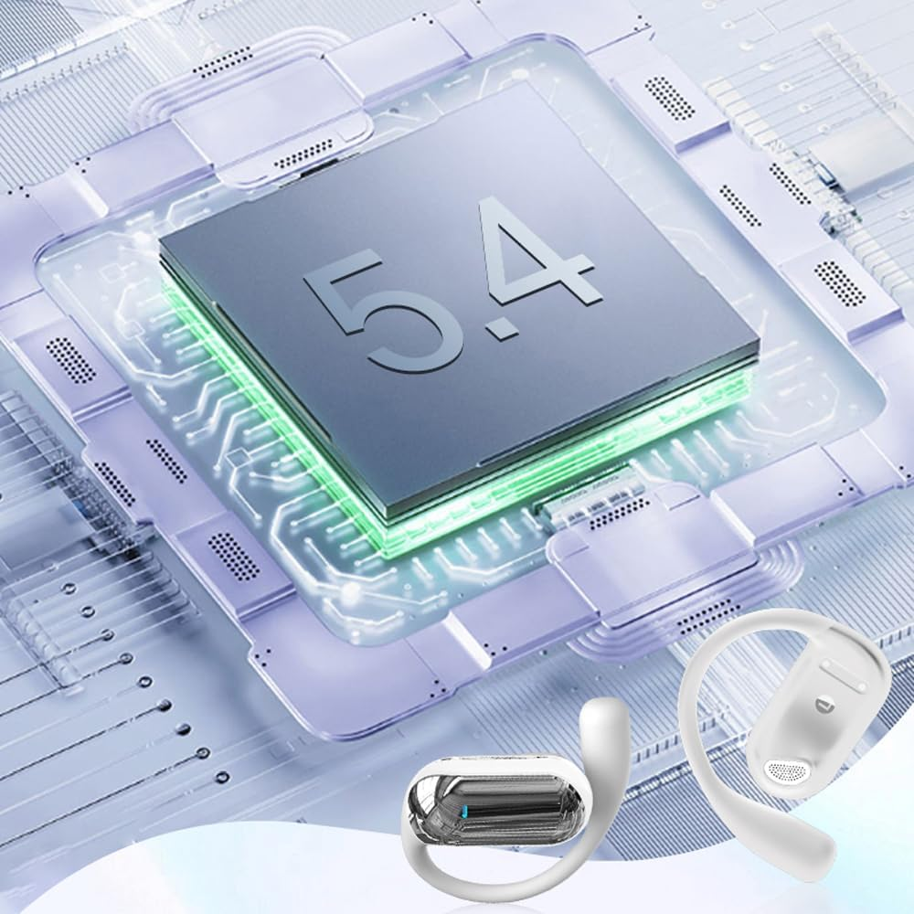 Air Line Headphones, Bluetooth 5.4, Clear Conversations, Single Sided/Dual Sided Automatic Pairing, Large Charging Case - Ideal for Sports, Commuting and Gaming (White) - White image number 3