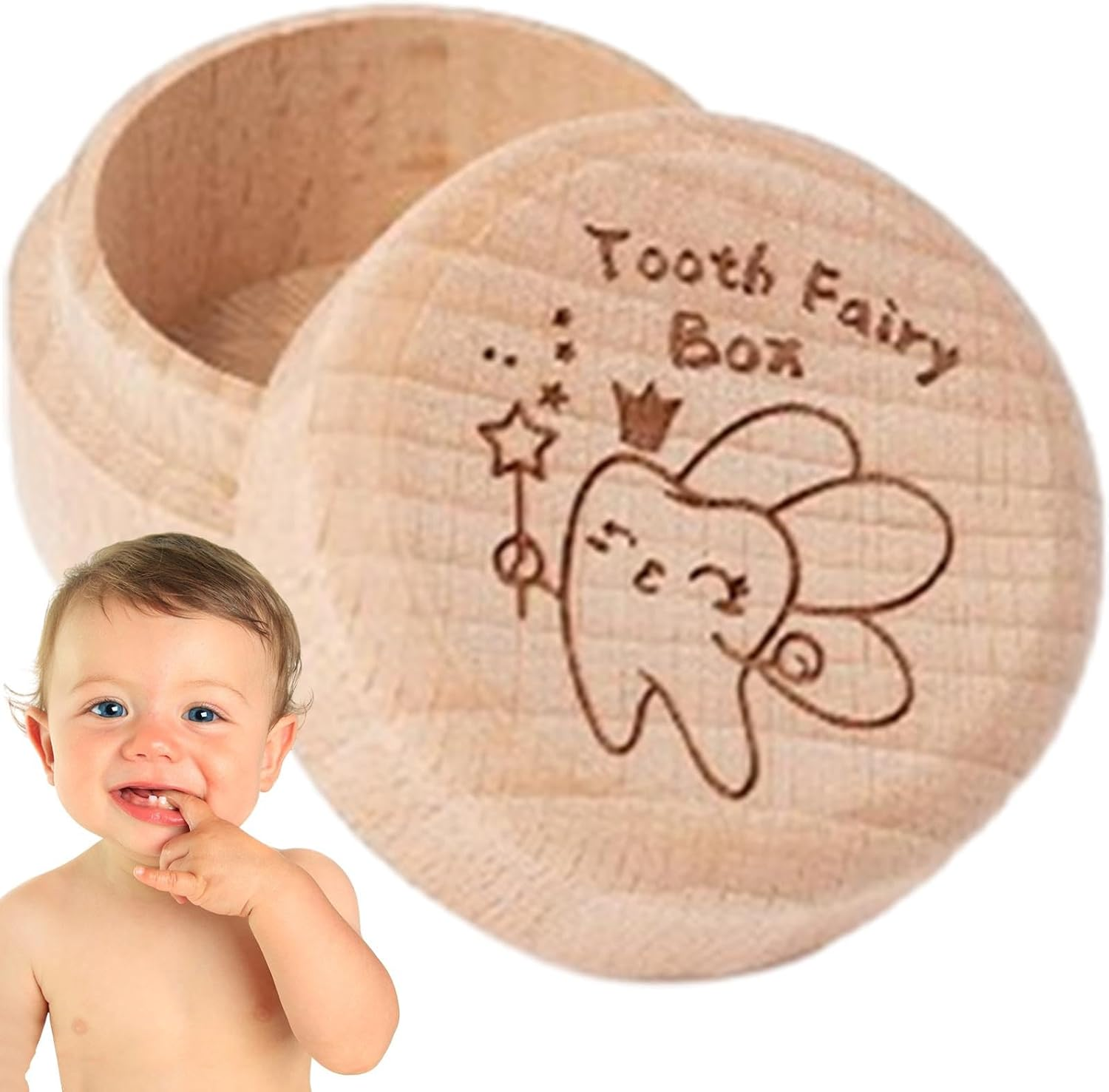 Baby Tooth Box - Cute Carved Wooden Box, Tooth Keepsake Box for Baby Teeth, Carved Box for Lost Teeth, Cute Wooden Tooth Storage Organizer, Baby Tooth Container for Kids | Fairy Gift, Baby - Raw Wood Color 1 image number 7
