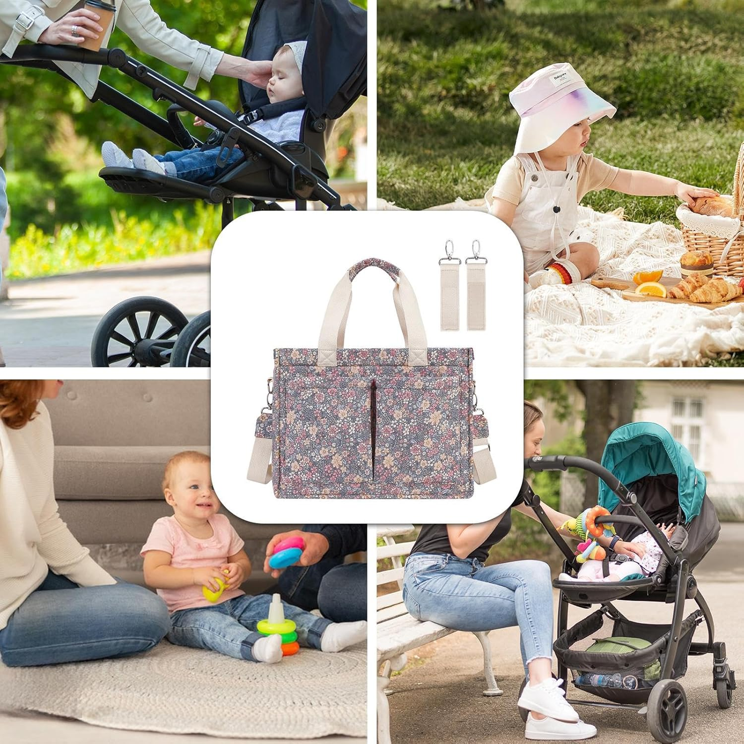 Lightweight Stroller Tote Diaper Bag - Small Diaper Organizer | Portable Baby Caddy with Classic Floral Pattern, Travel Diapers Bag for Moms with Space for Diapers Wipes Toys Bottles Outdoor Trips image number 5