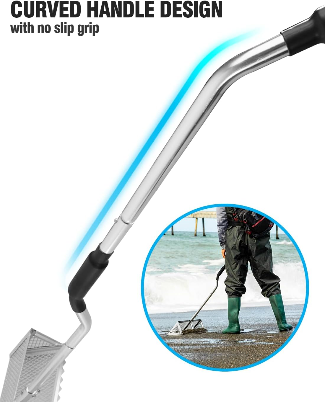 Exact Design Sand Flea Rake, Anodized Aluminum One Piece Strong 58" Long Handle, 16-Inches Wide Basket, Sharp Teeth, Curved Handle Design [Revision Version] image number 4