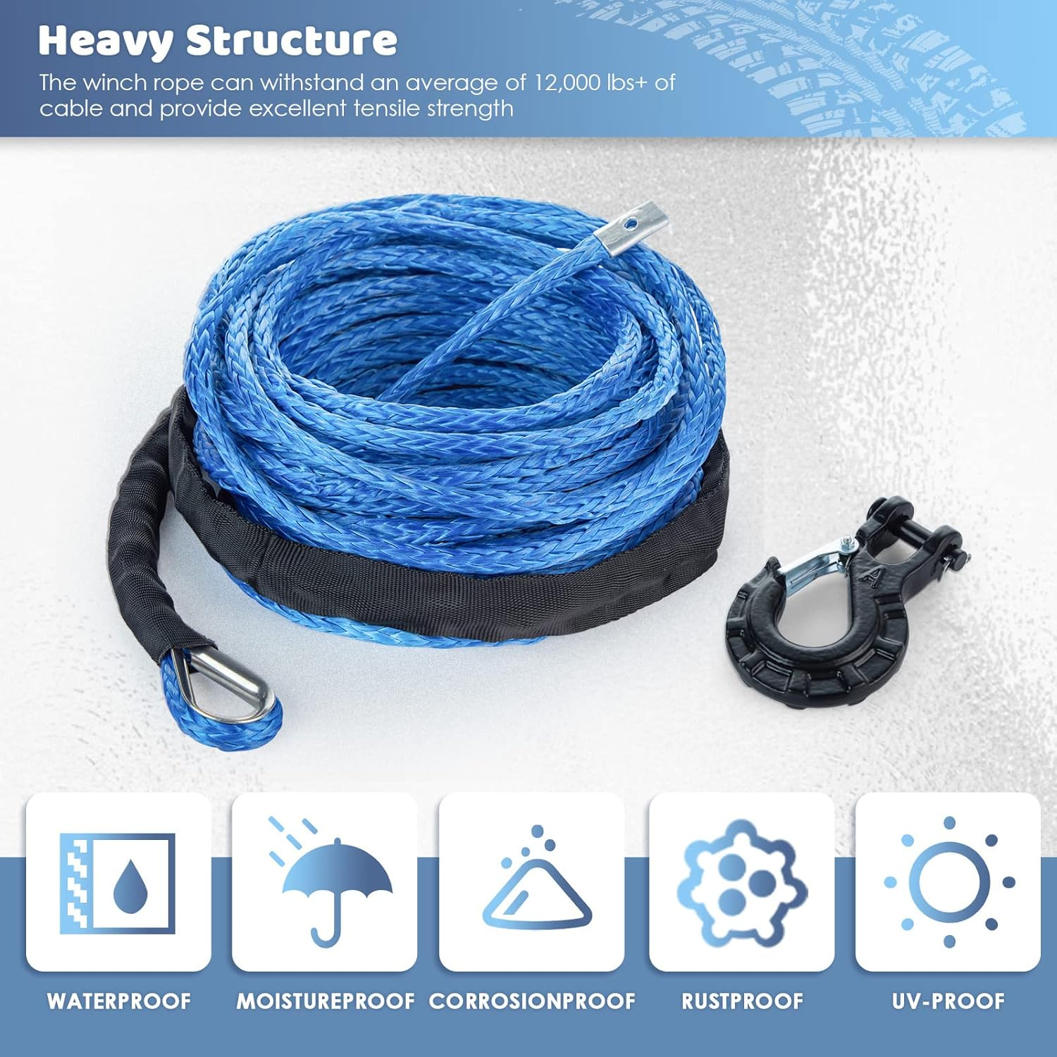 Carforu Synthetic Winch Rope 5/16'' X 50Ft,13000Lbs Synthetic Winch Line Cable Rope with Protective Sleeve + Forged Winch Hook for off Road Vehicle ATV UTV SUV Truck Boat Winch Accessory