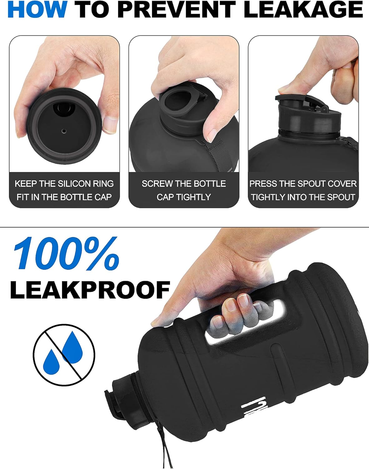 Half Gallon Water Bottle 2.2L Bottles with Handle Flip Cap 100% Leak Proof BPA Free Reusable Durable Big Gym Jug for Camping Sports Workouts Hiking Outdoors 2.2Litre (Matte Black)